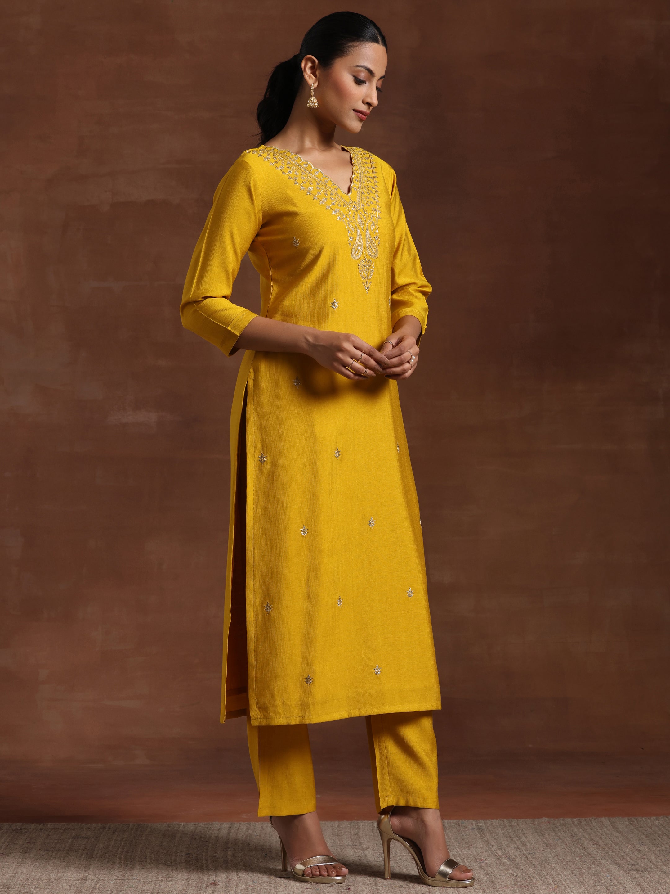 Mustard Embroidered Silk Blend Straight Suit With Dupatta