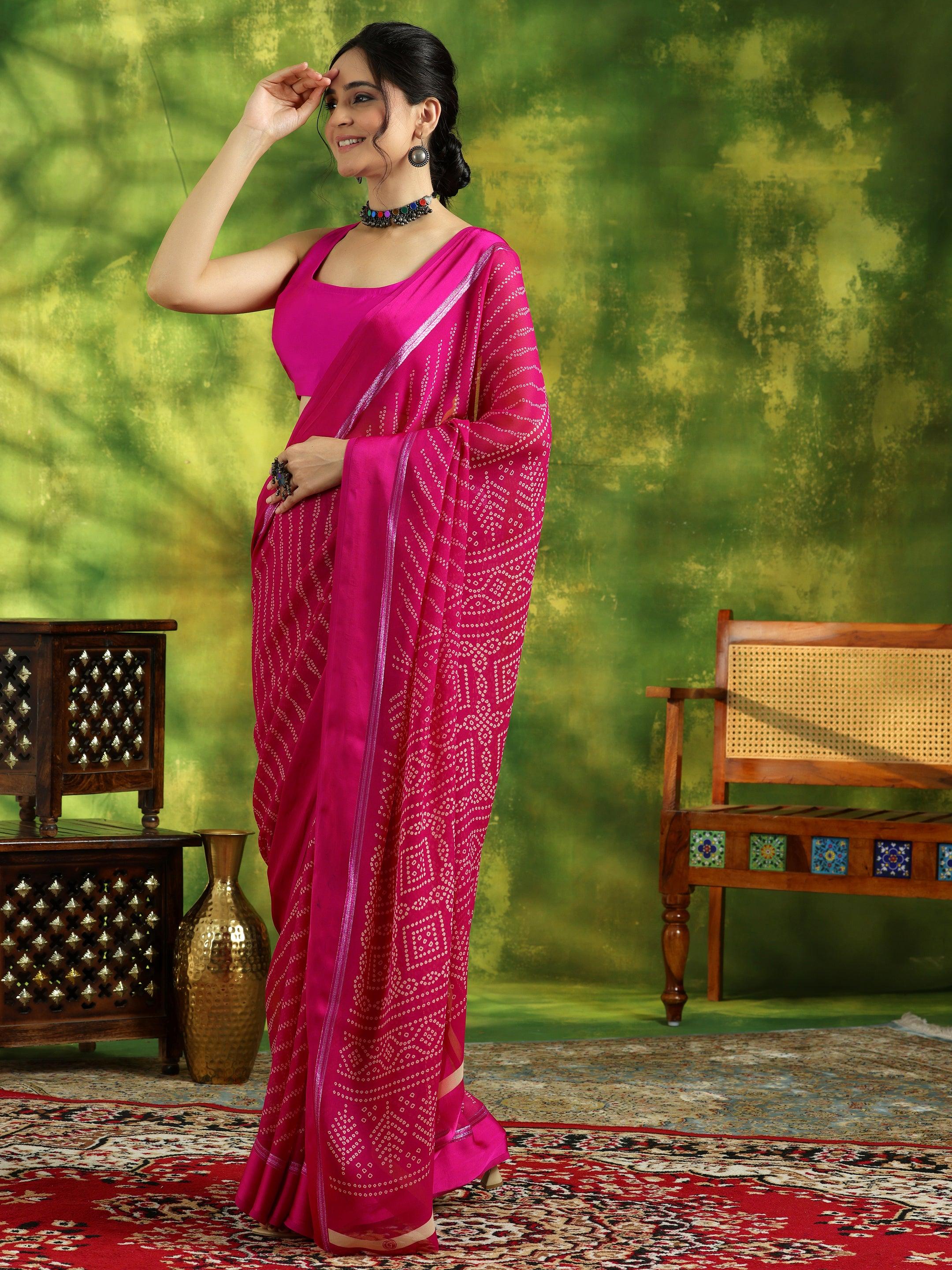 Pink Printed Satin Saree With Unstitched Blouse Piece