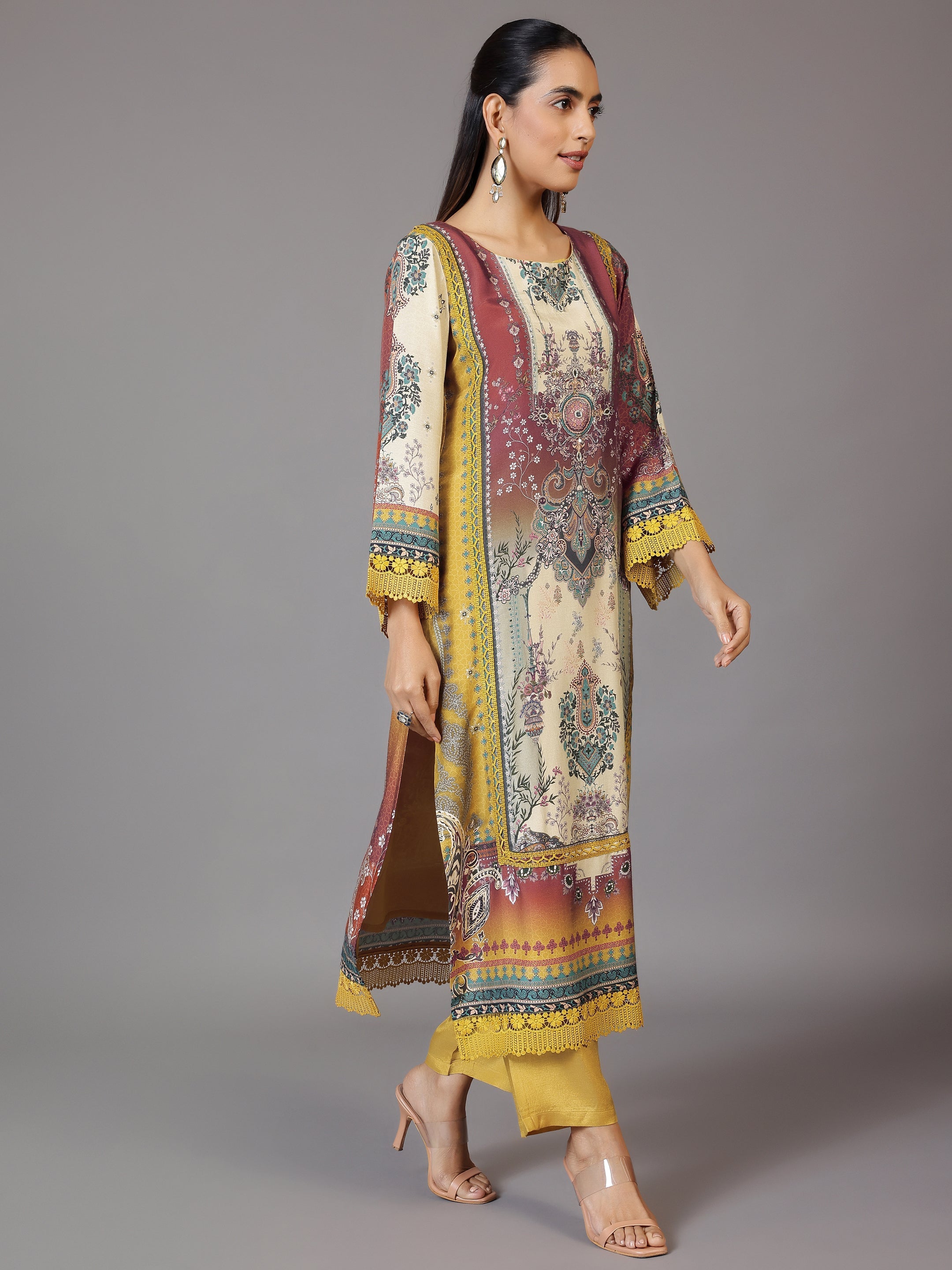 Mustard Printed Silk Blend Straight Suit With Dupatta