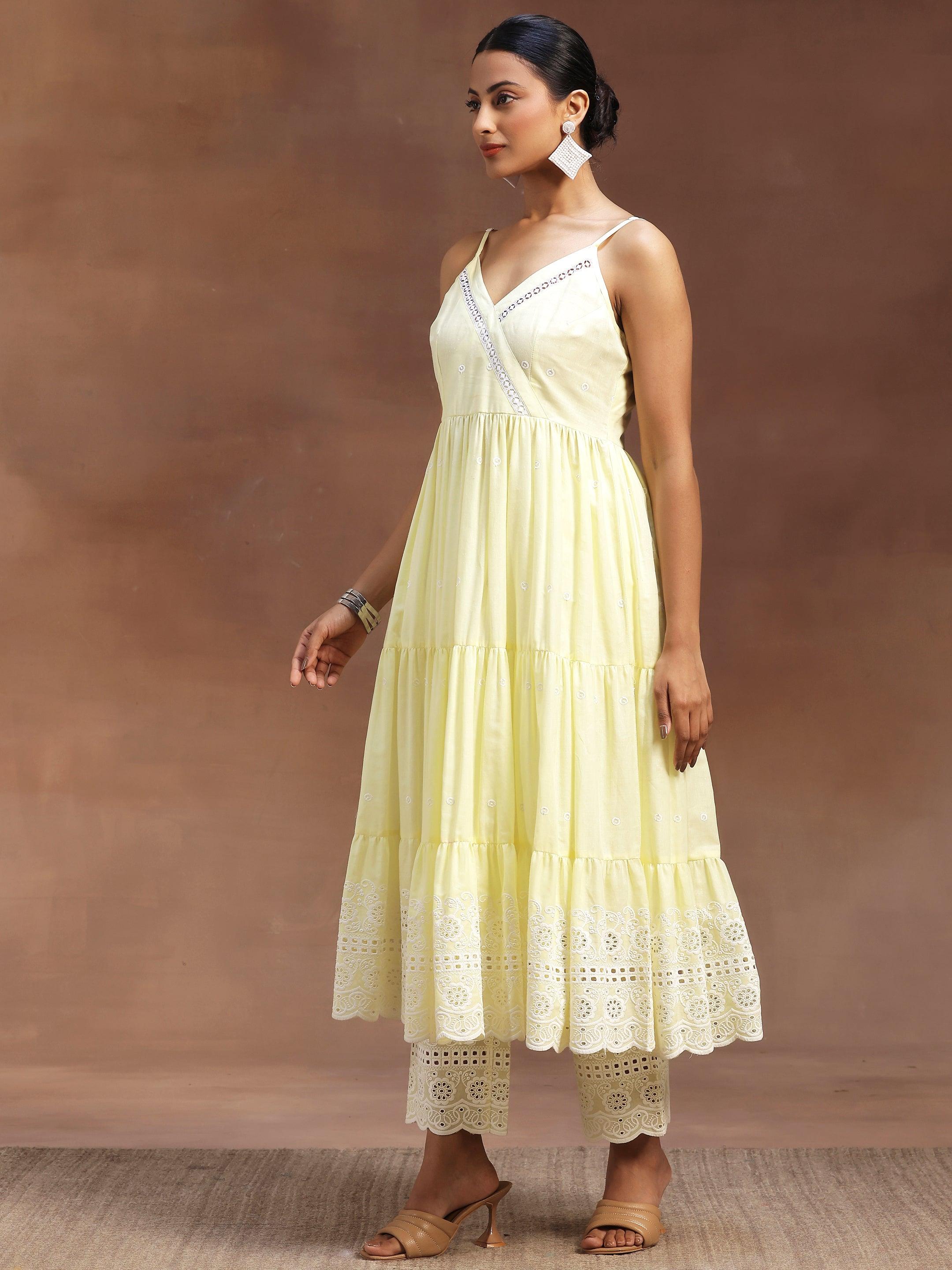 The Kiara Cut Yellow Self Design Cotton Anarkali Kurta With Trousers