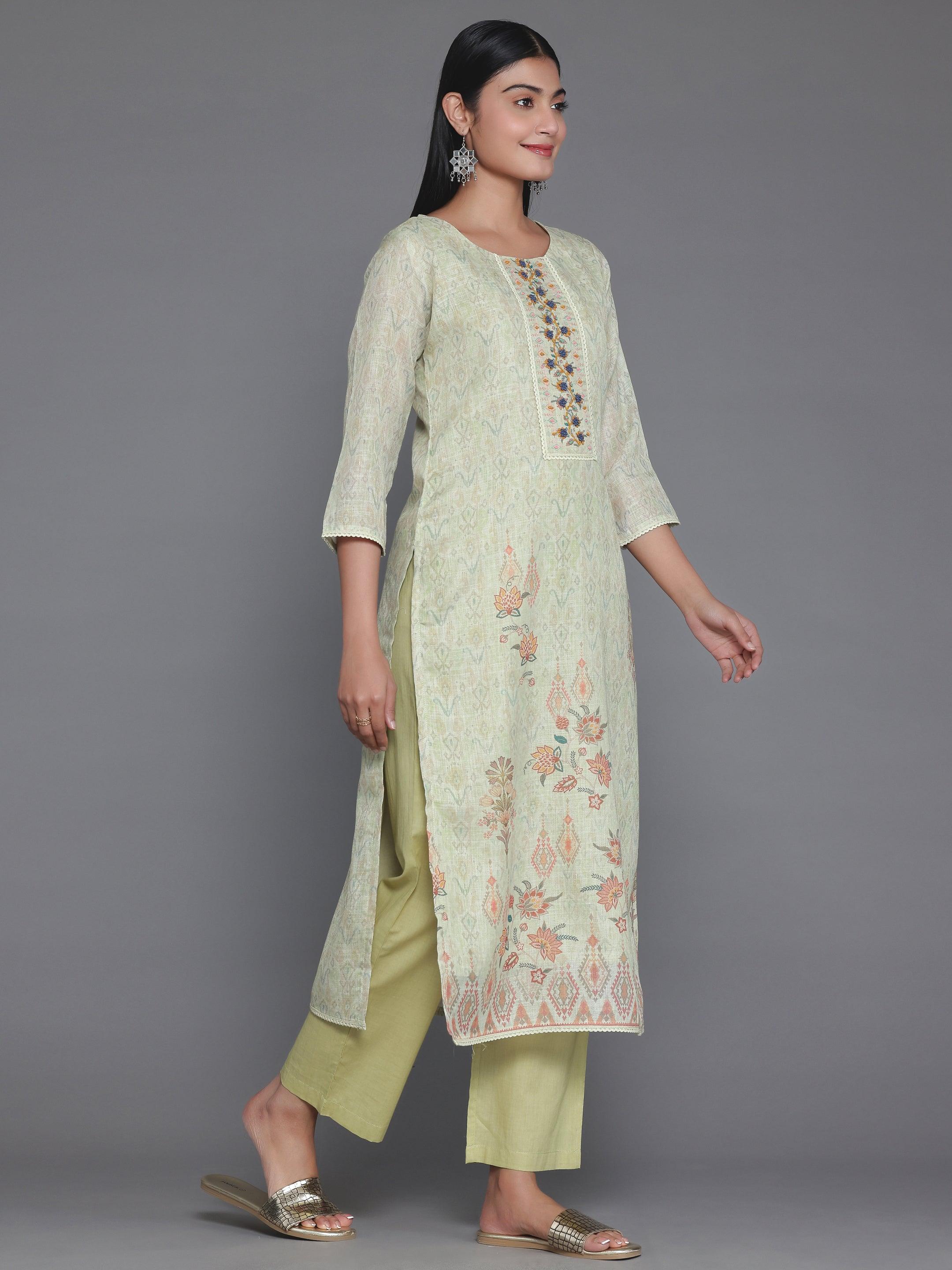 Green Printed Cotton Straight Suit With Dupatta