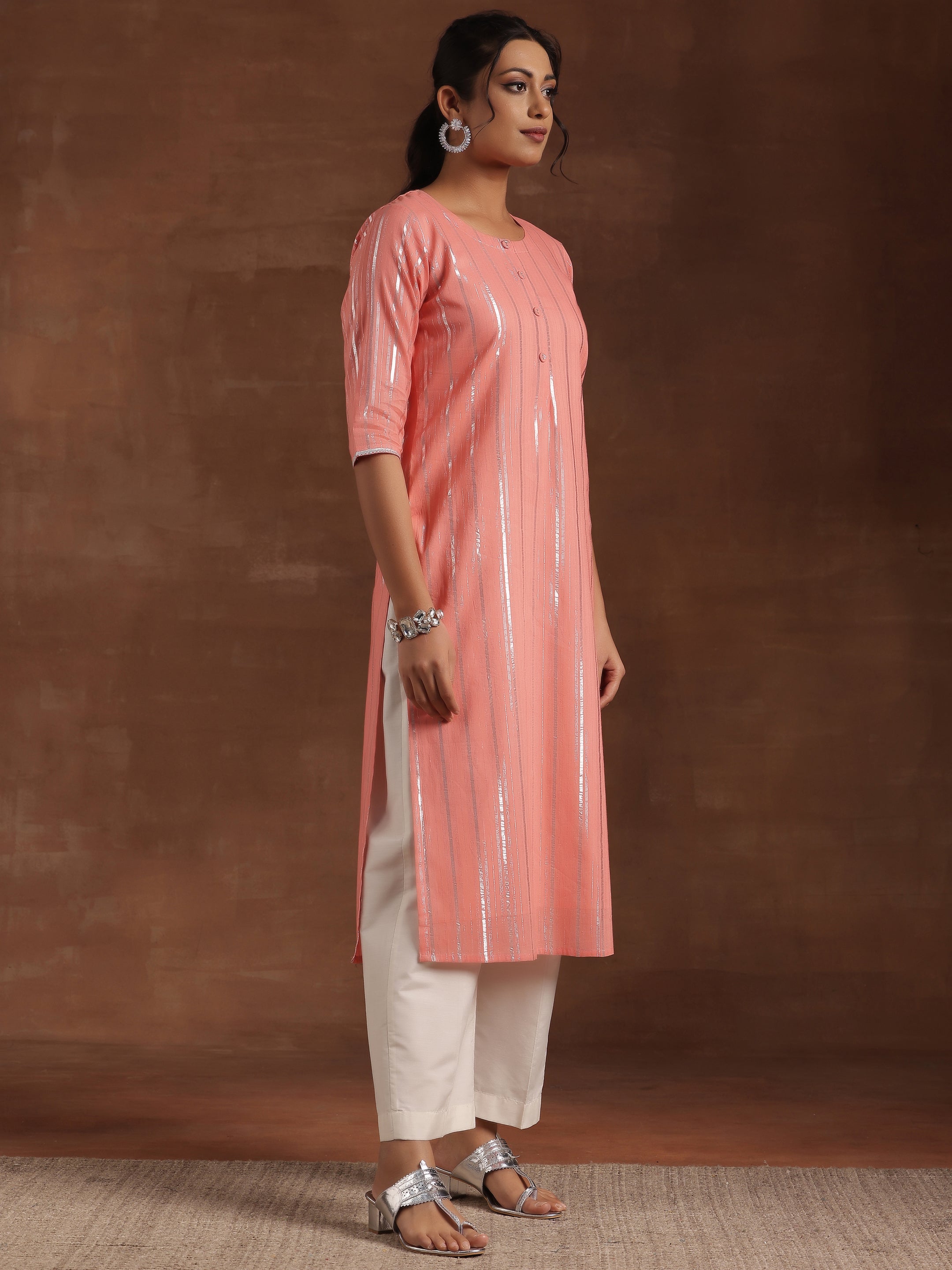 Peach Woven Design Cotton Straight Kurta