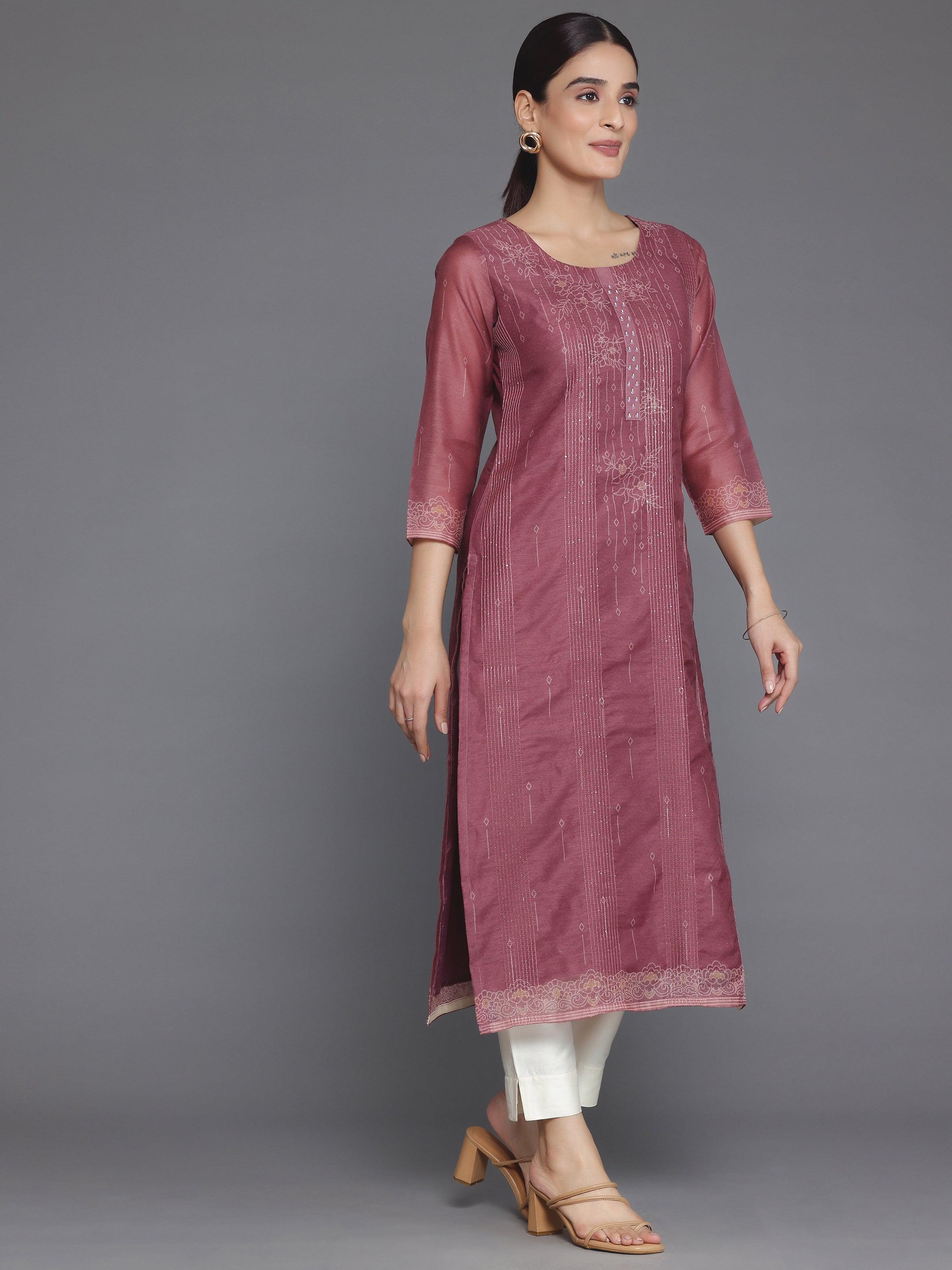 Mauve Embellished Chanderi Silk Straight Kurta