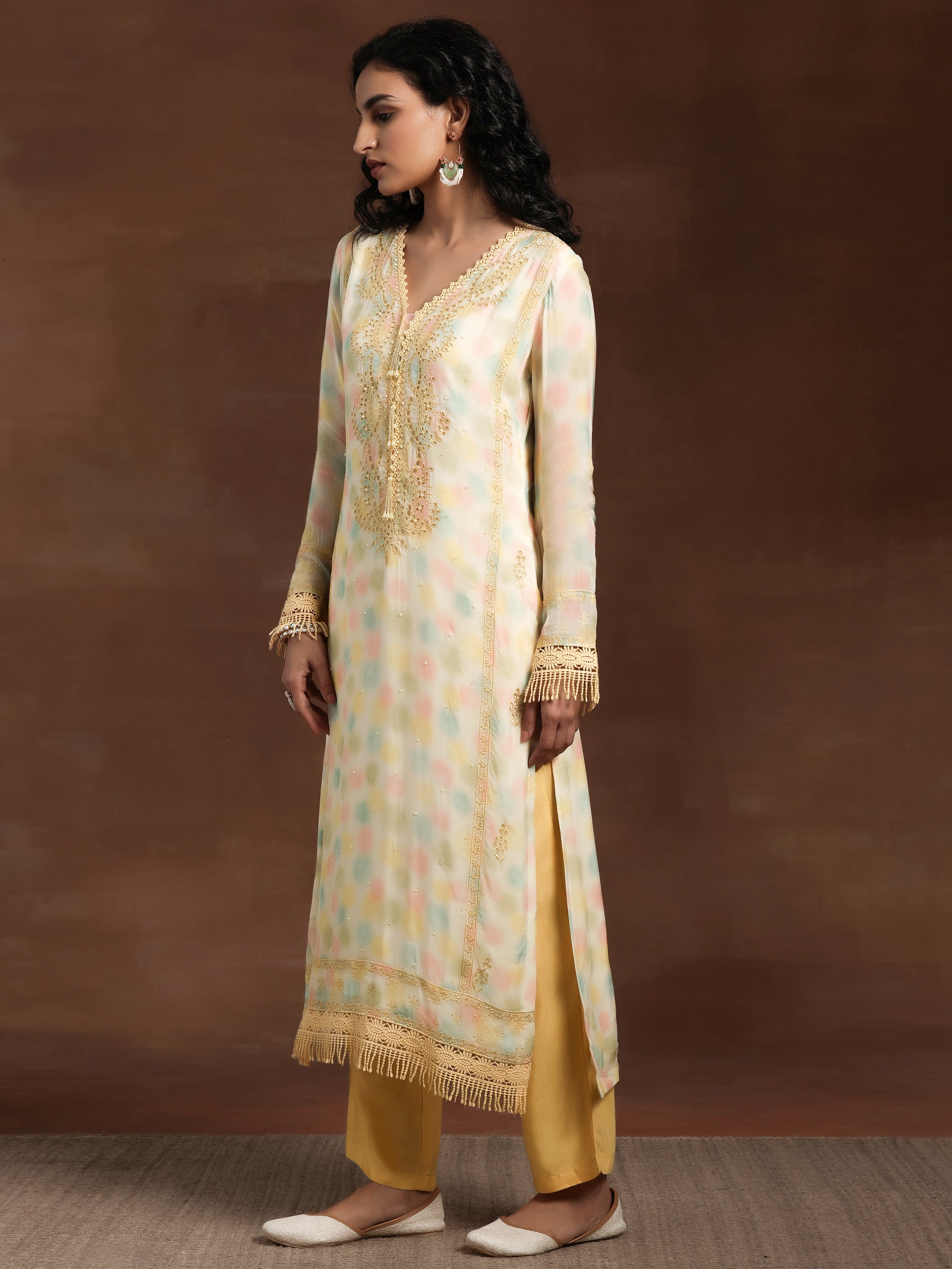 Yellow Embroidered Organza Straight Suit With Dupatta