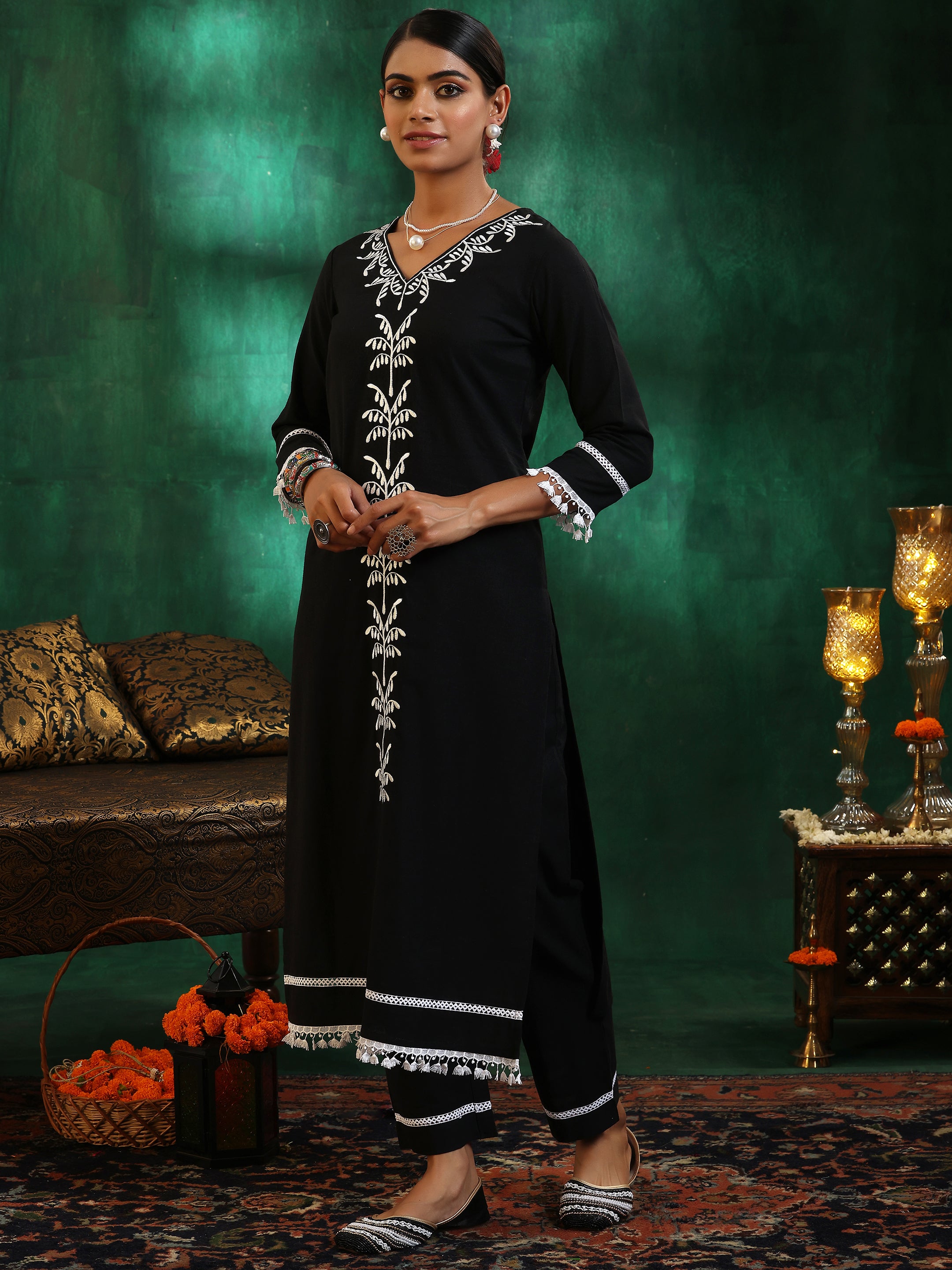 Black Embroidered Cotton Straight Suit With Dupatta