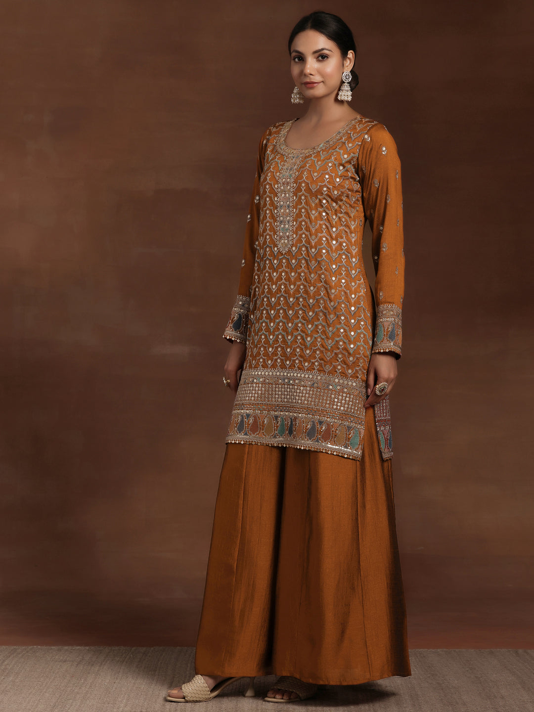 Rust Embroidered Silk Blend Straight Kurta With Palazzos & Dupatta