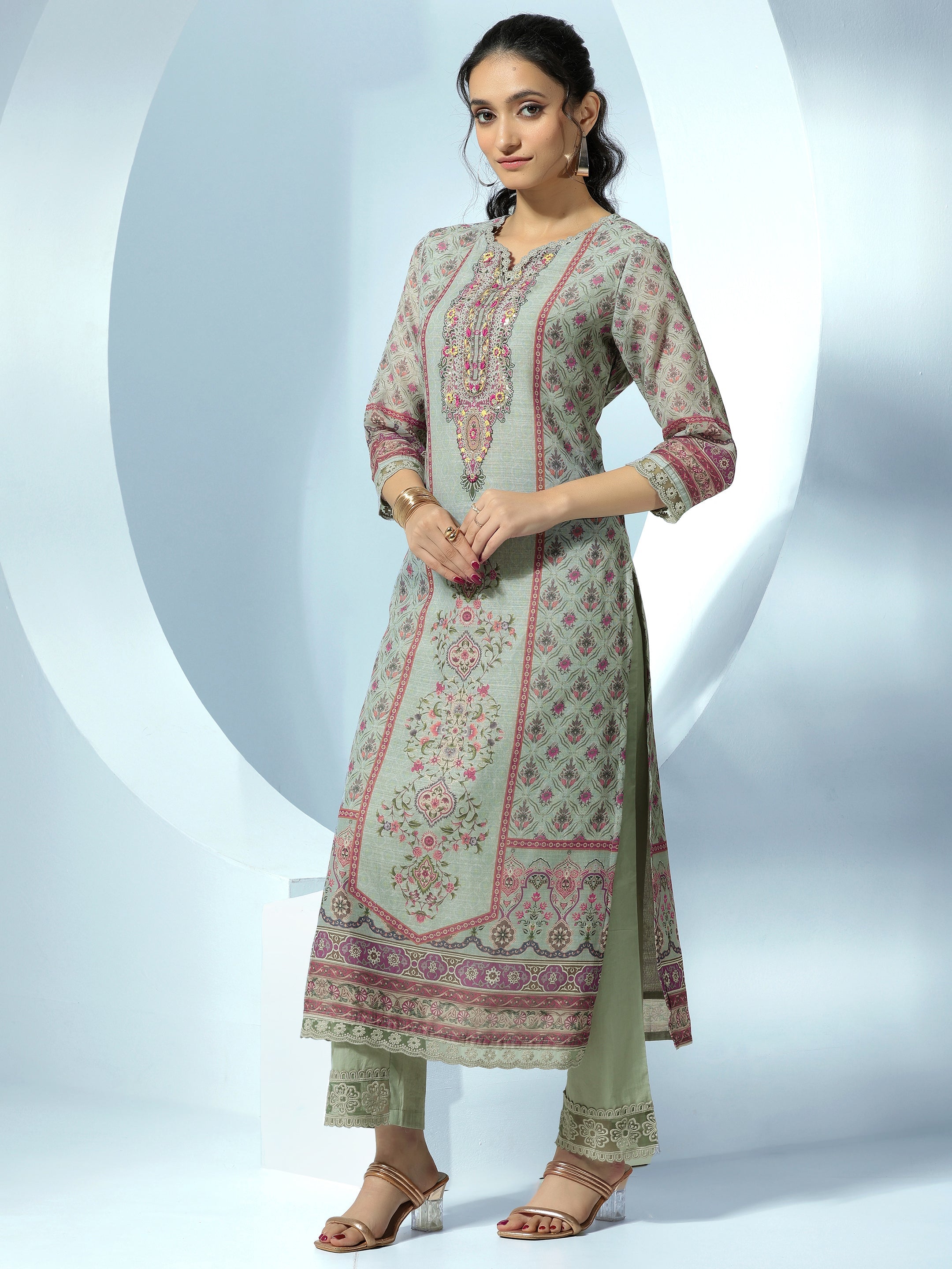 Grey Printed Linen Straight Suit With Dupatta