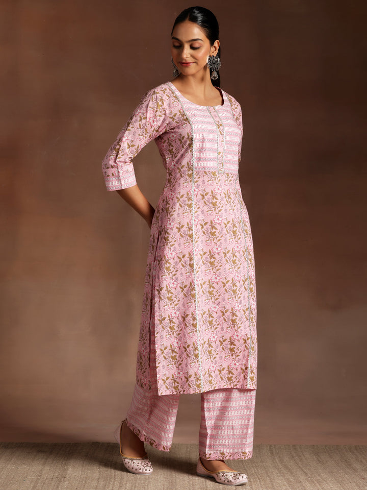 Pink Yoke Design Cotton Straight Kurta With Palazzos & Dupatta - ShopLibas