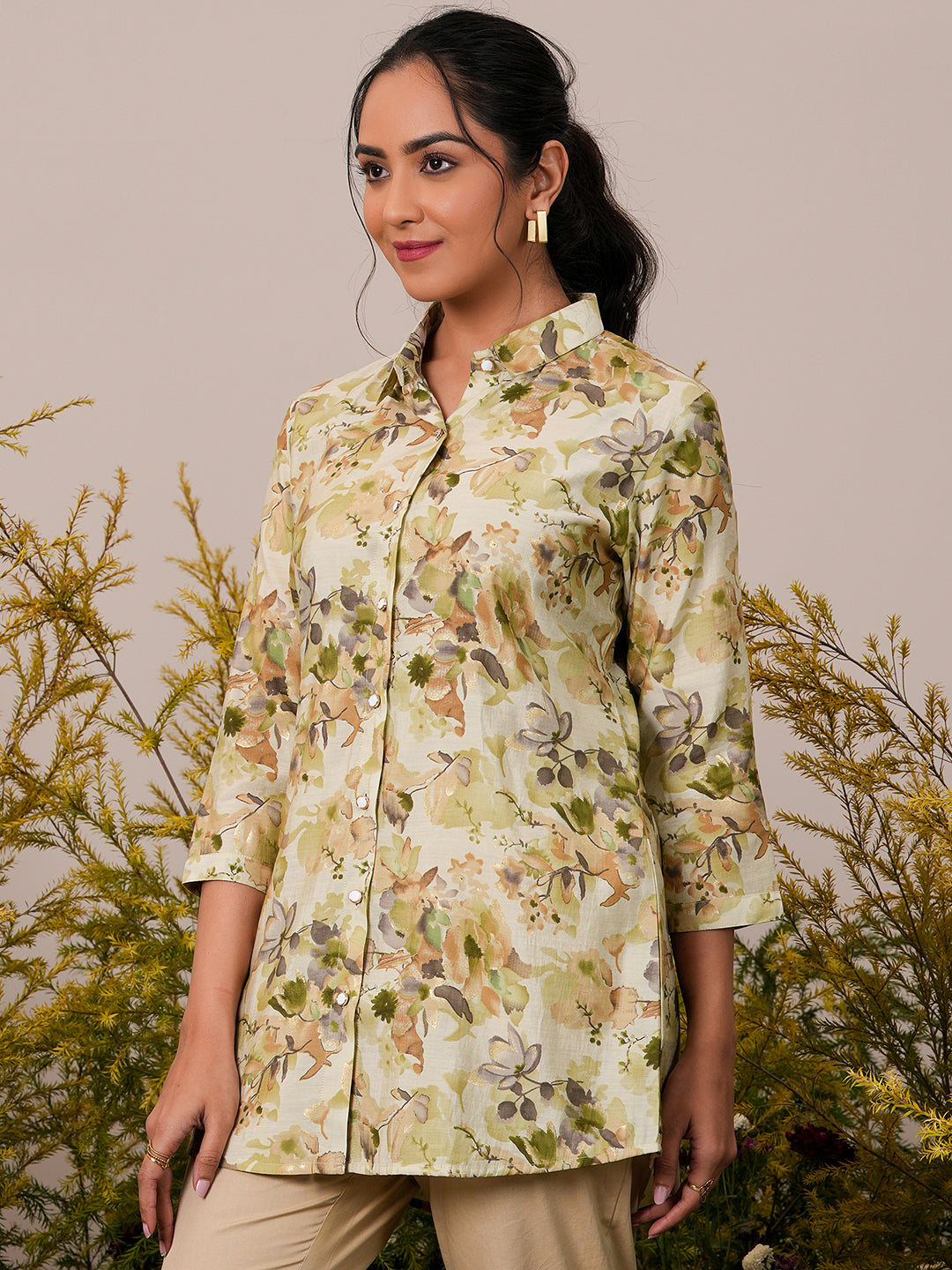 Green Printed Silk Blend A-Line Kurti