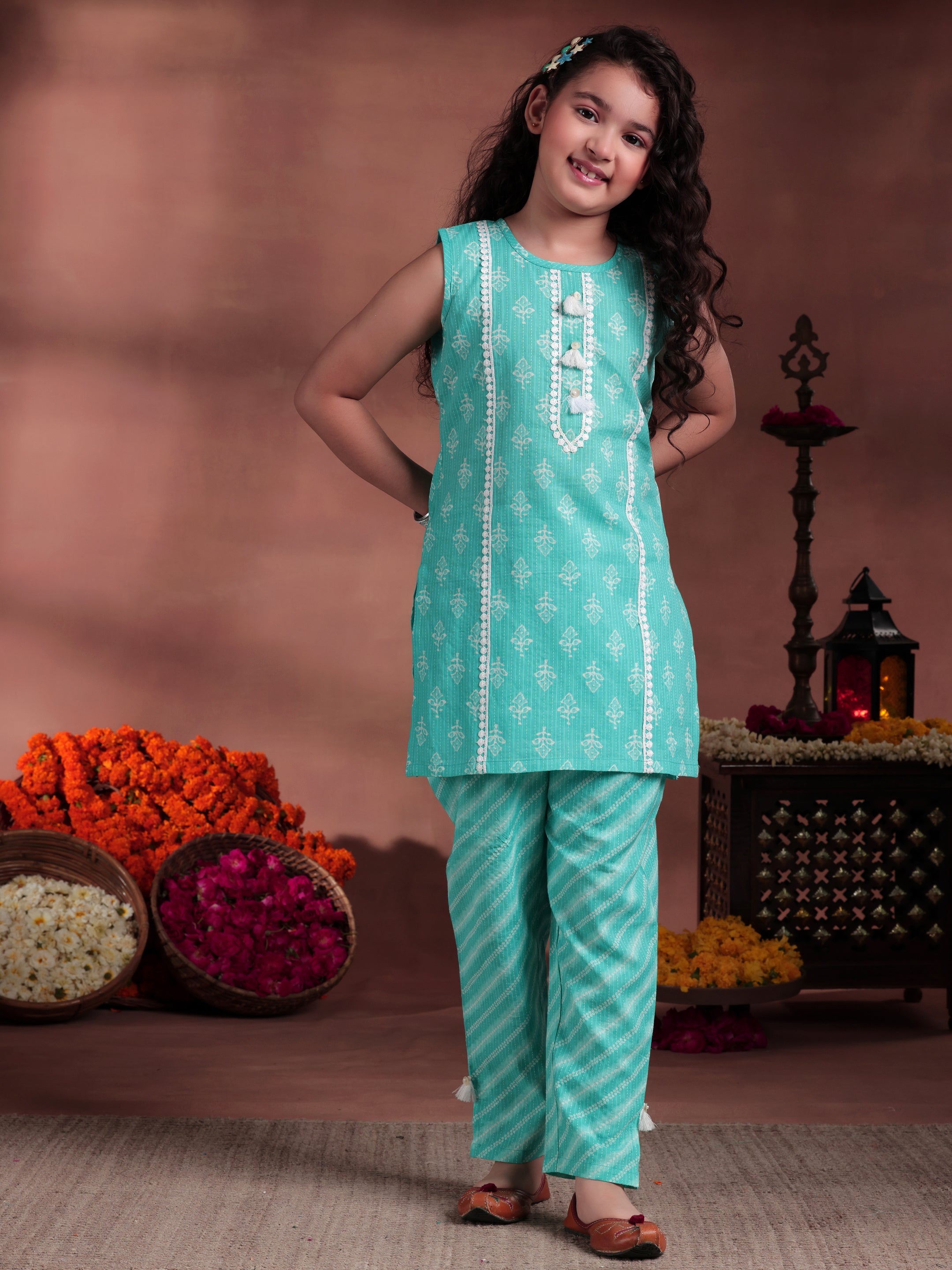 Kids Blue Printed Cotton Straight Top With Trousers