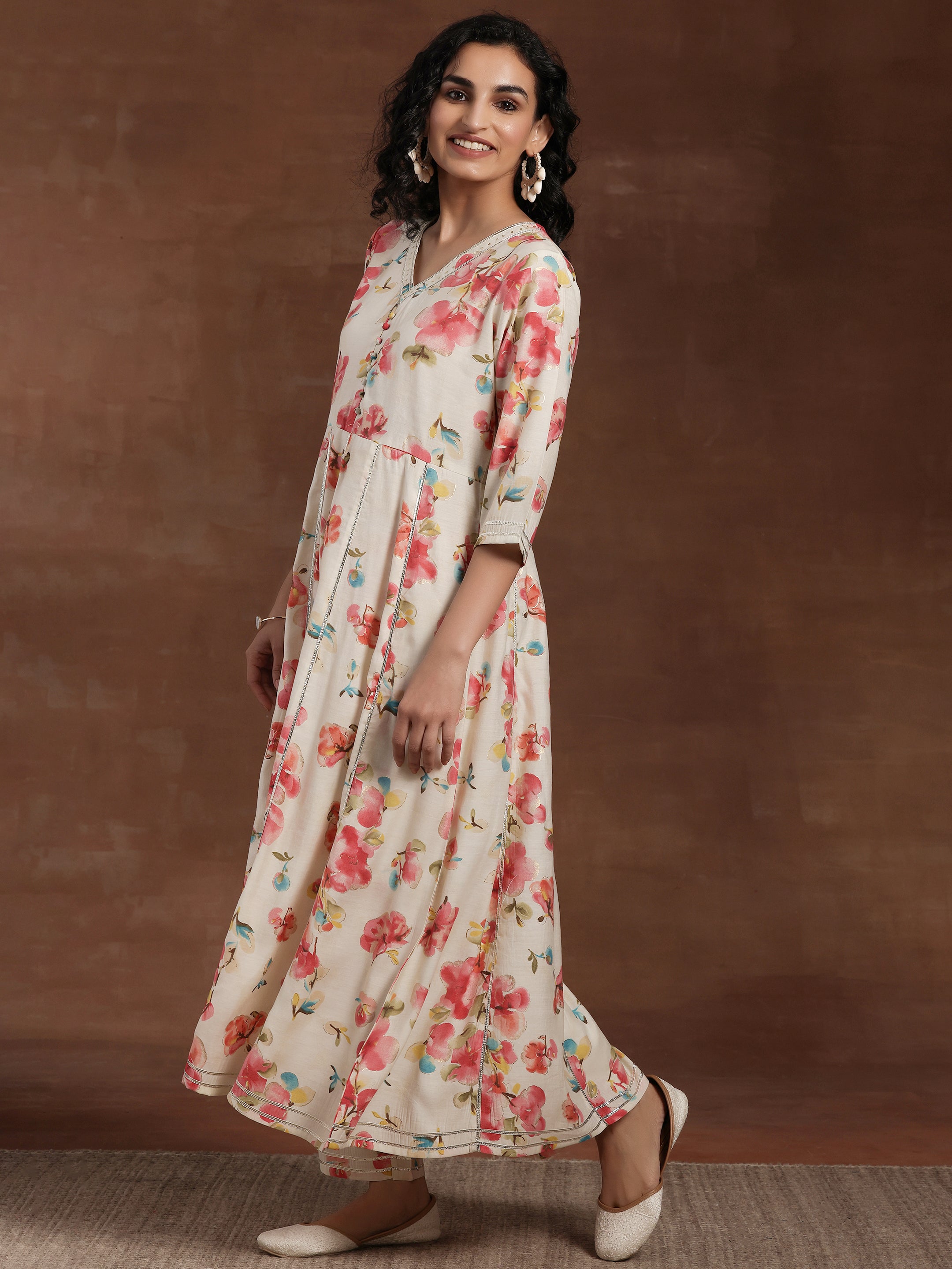 Off White Printed Silk Blend Anarkali Kurta Set