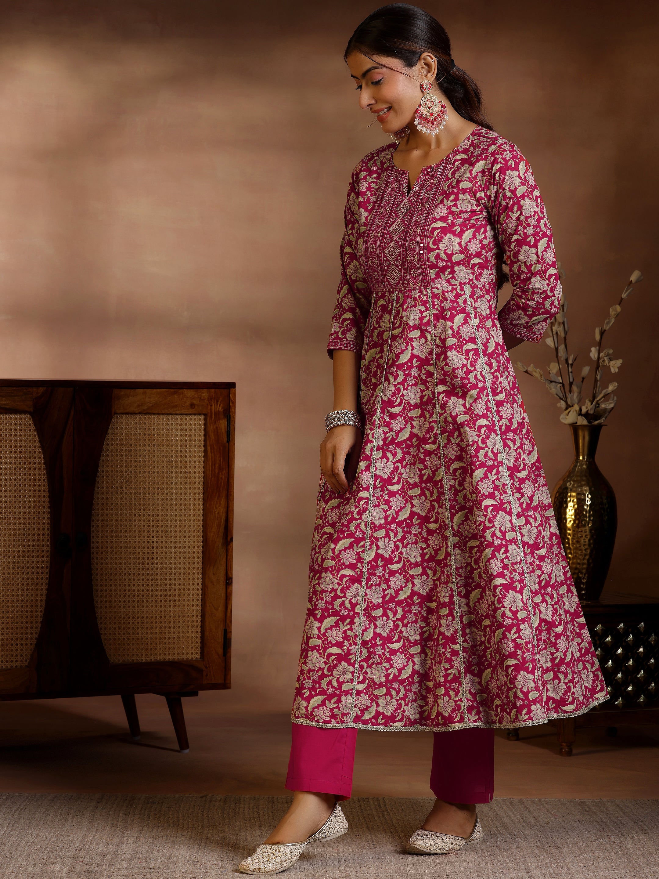 Pink Printed Cotton Anarkali Kurta Set