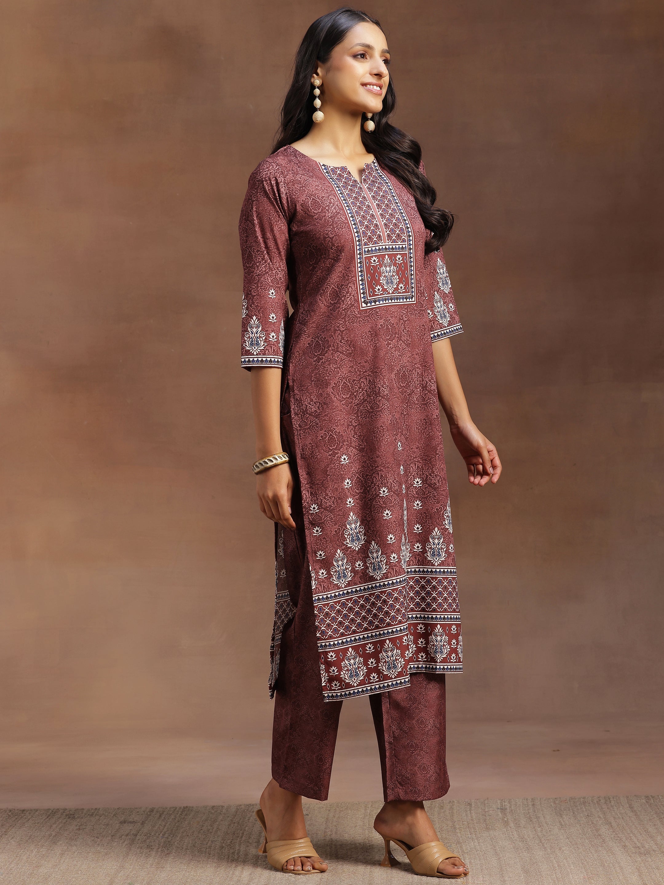 Brown Printed Poly Crepe Straight Kurta With Trousers