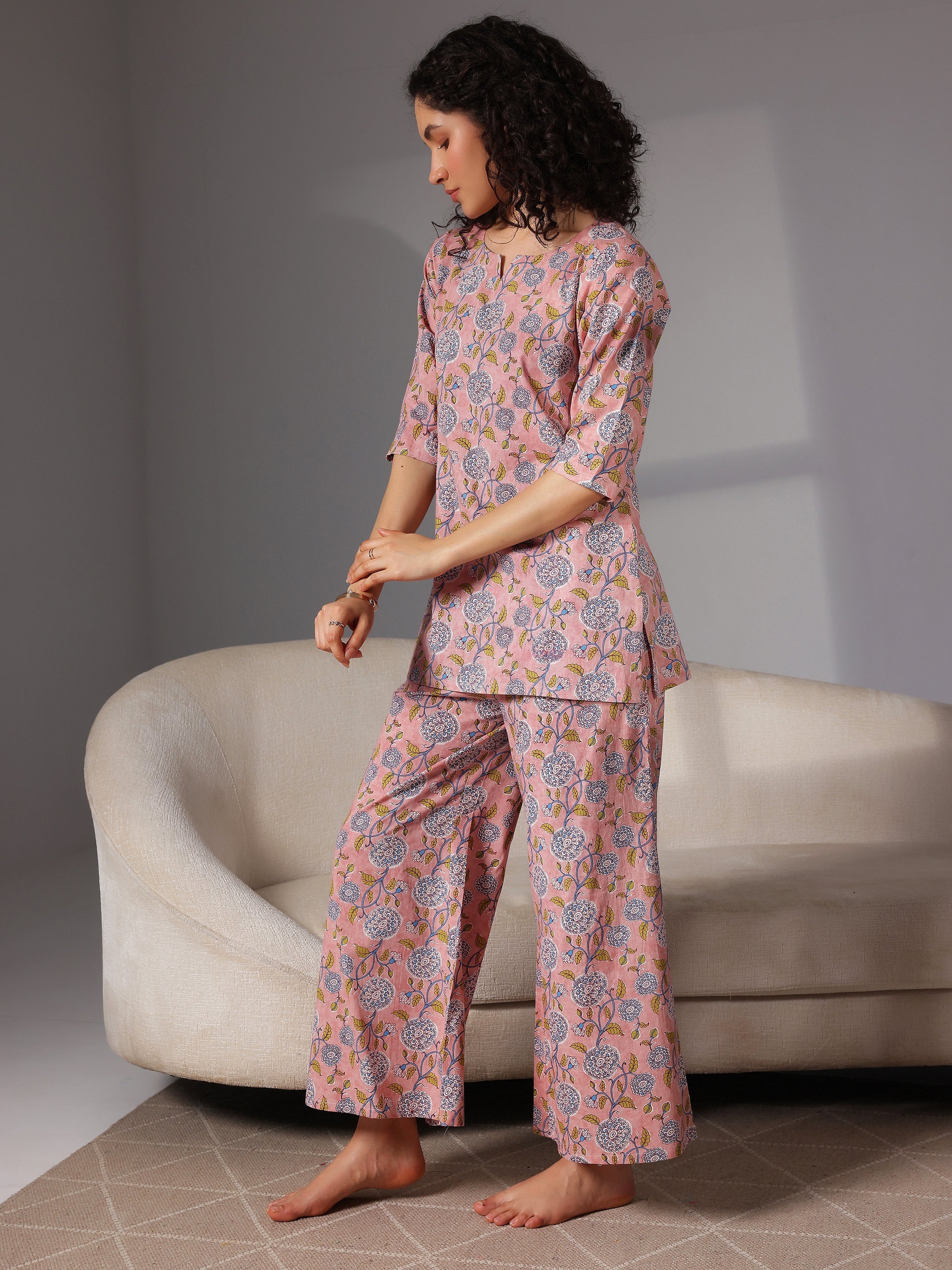 Peach Printed Cotton Night Suits