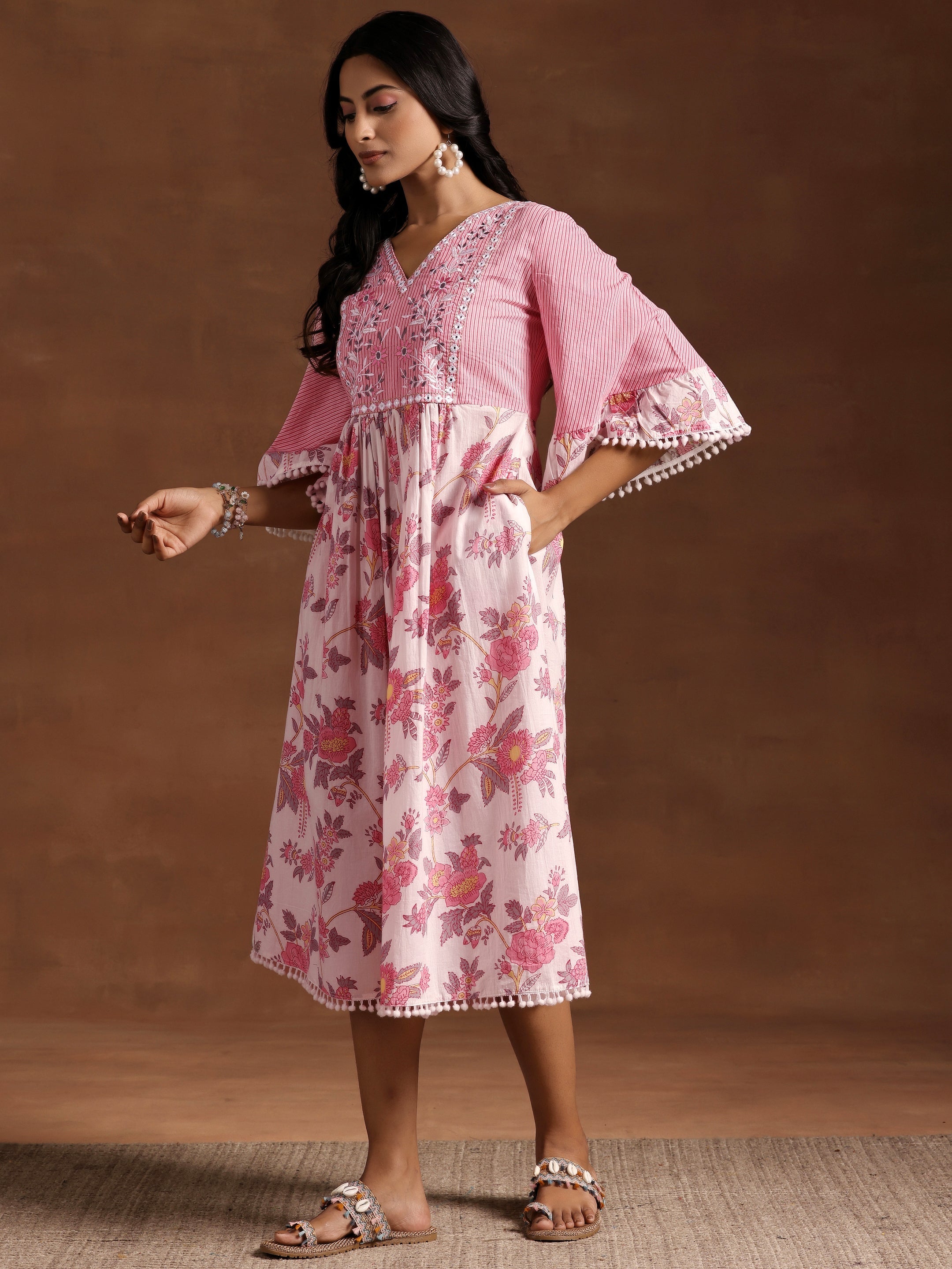 Pink Printed Cotton A-Line Dress