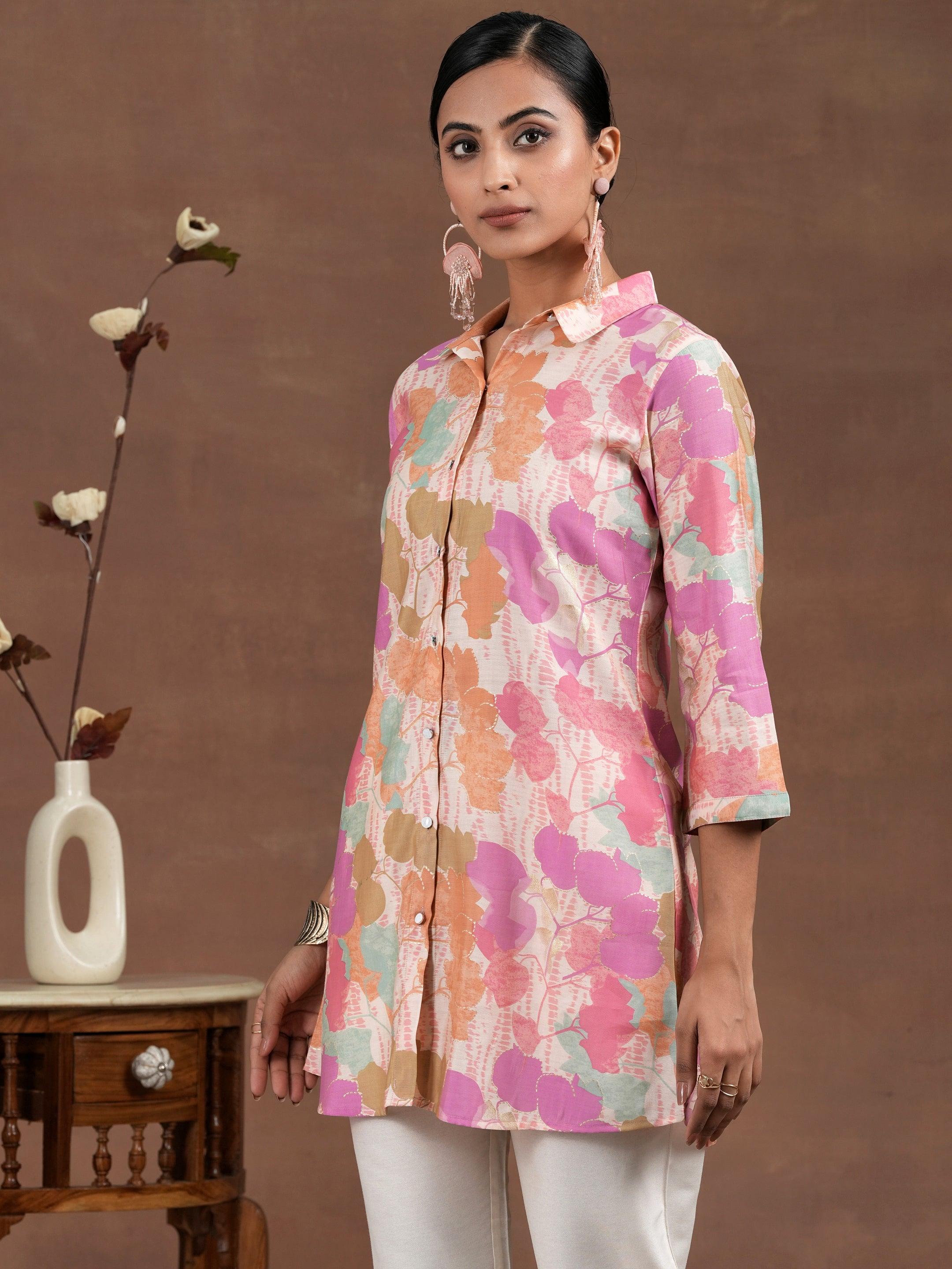 Pink Printed Silk Blend Straight Kurti