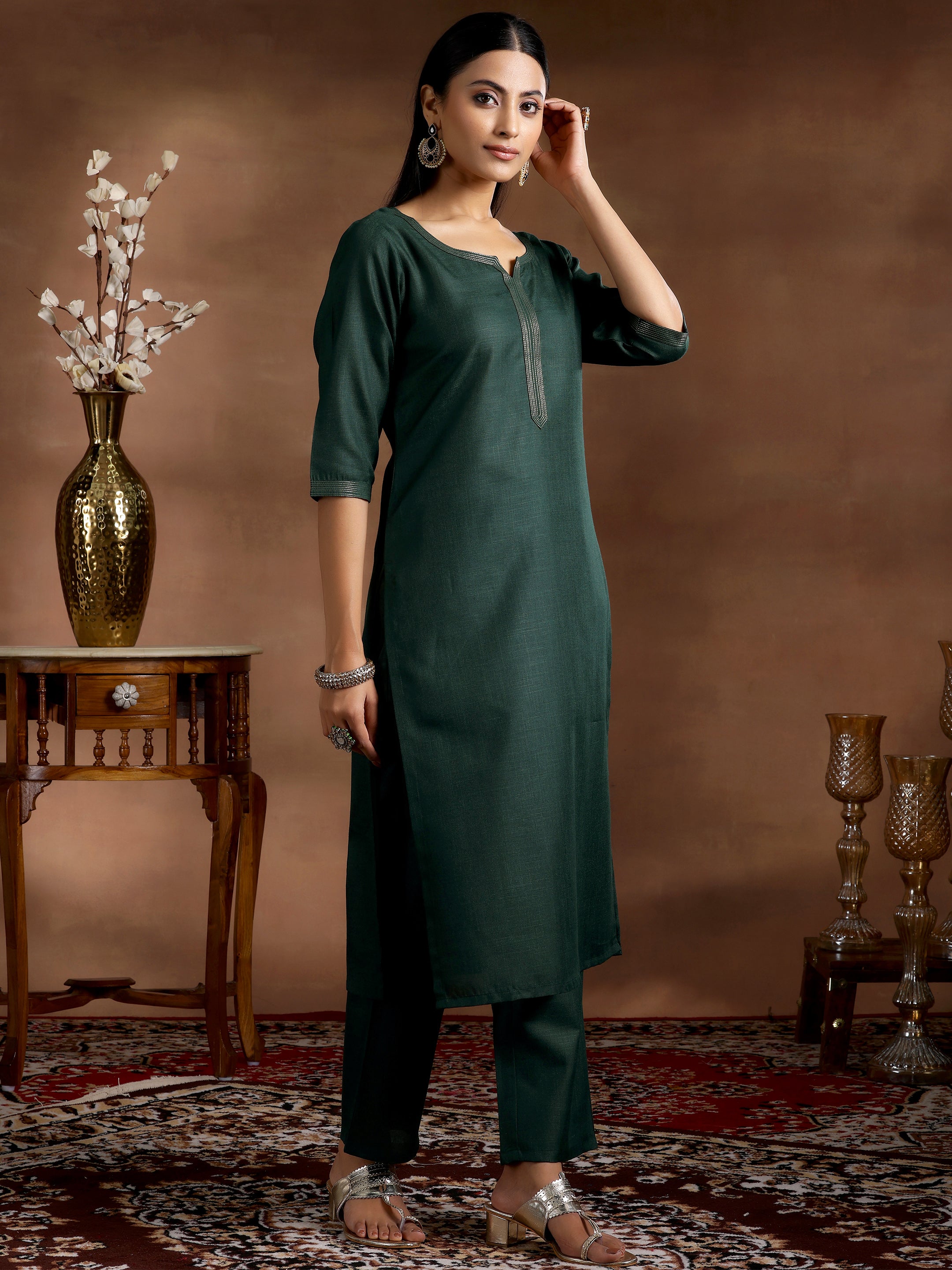 Green Solid Silk Blend Straight Suit With Dupatta