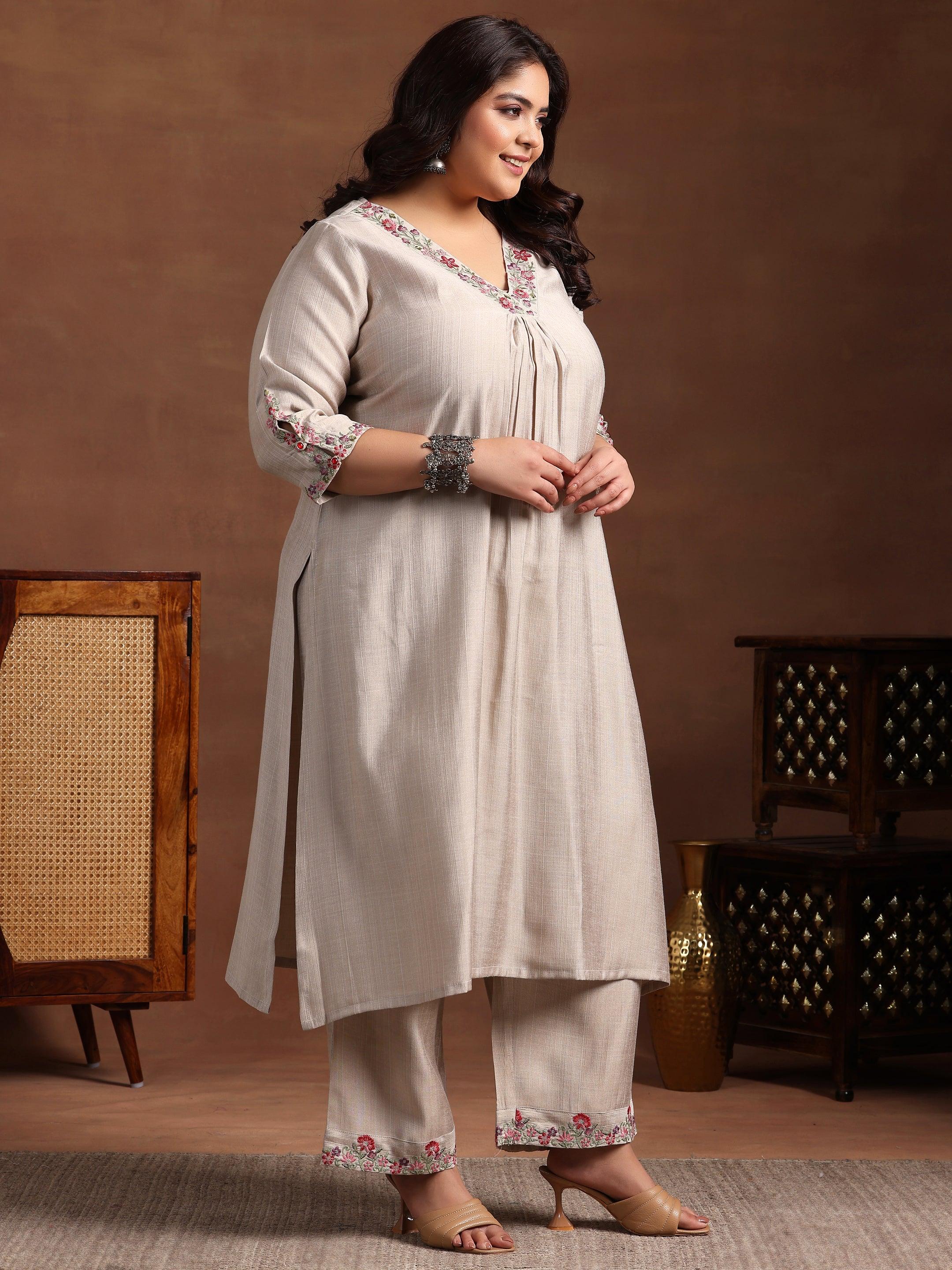 Plus Size Beige Yoke Design Silk Blend Straight Suit With Dupatta