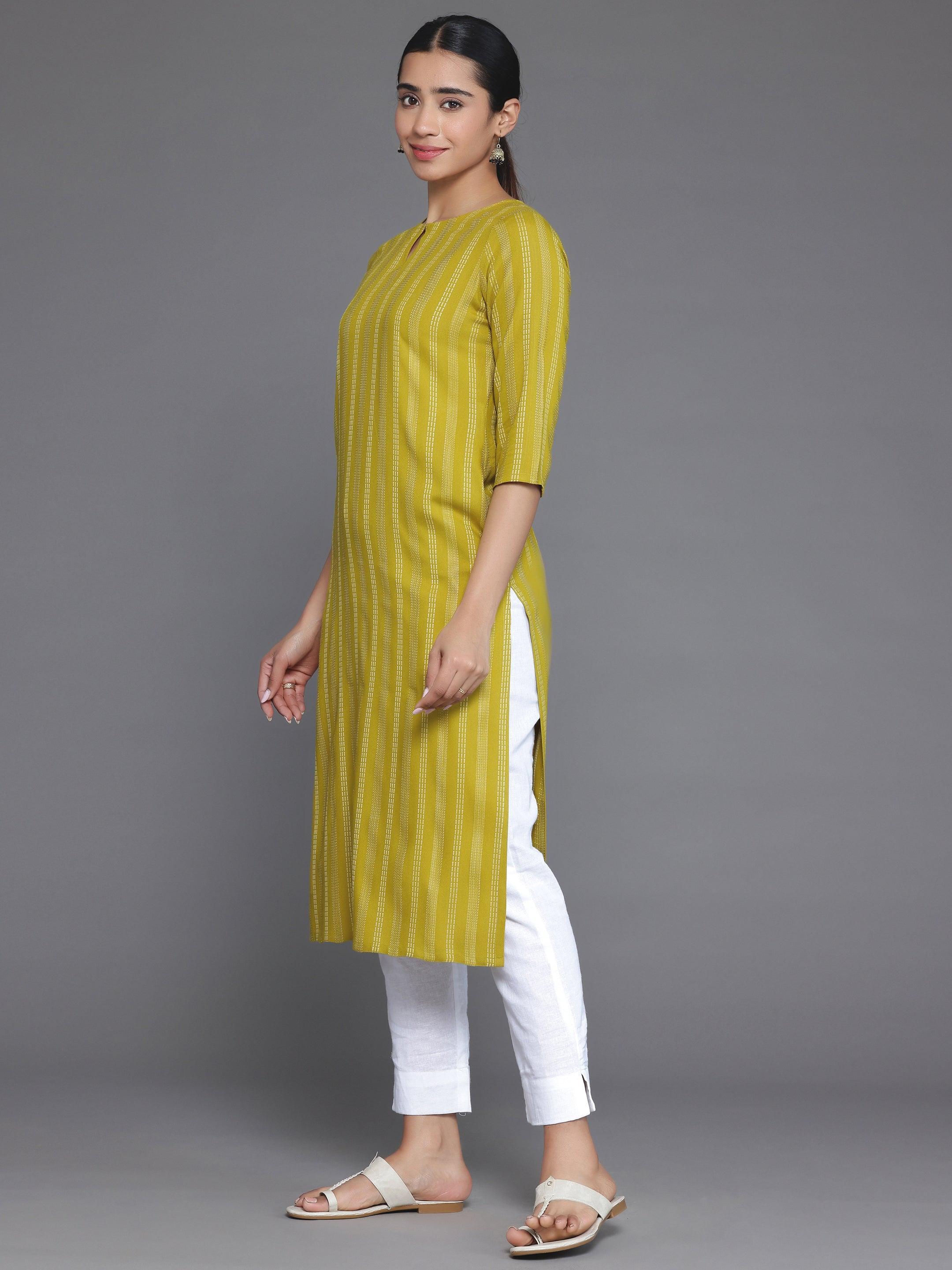 Mustard Striped Rayon Straight Kurta