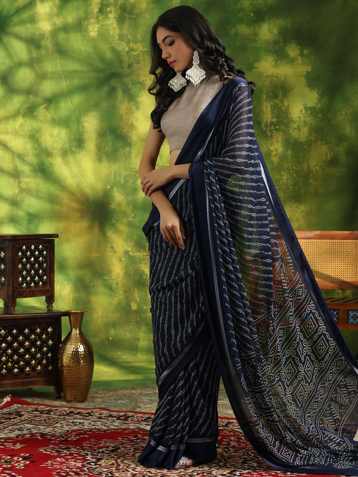 Blue Printed Satin Saree With Unstitched Blouse Piece - Libas