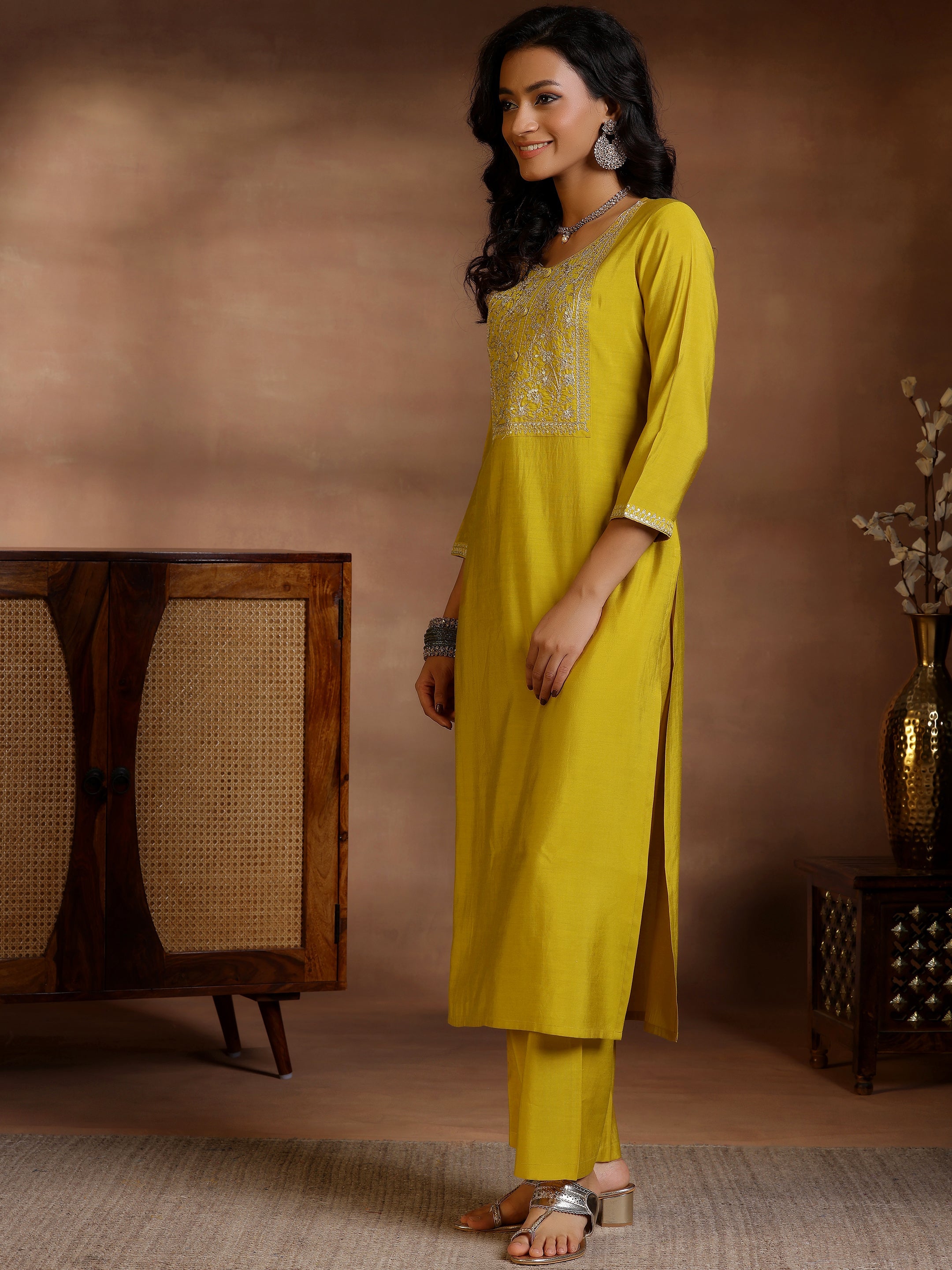 Mustard Yoke Design Silk Blend Straight Suits With Dupatta