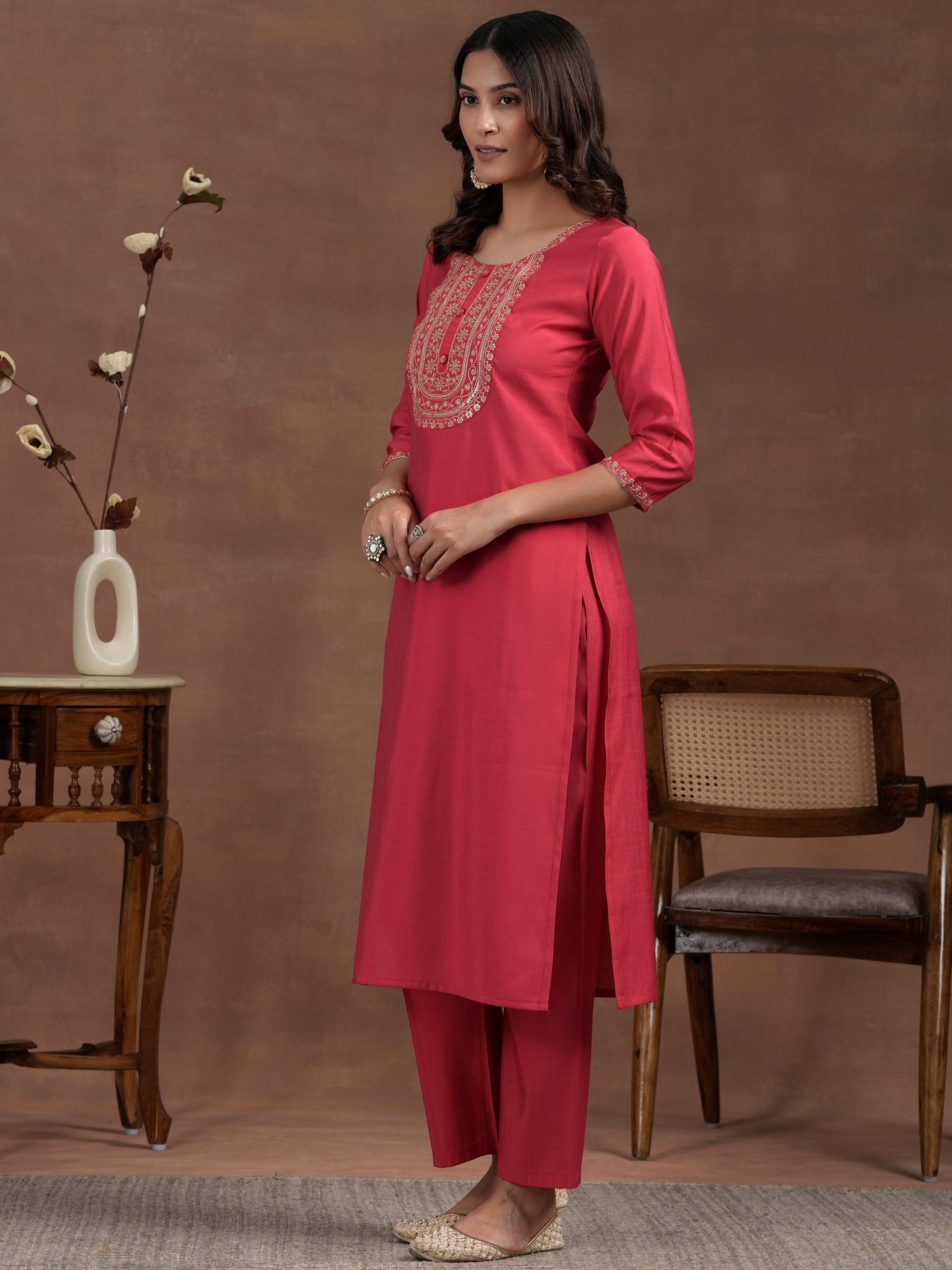 Pink Yoke Design Silk Blend Straight Suit With Dupatta