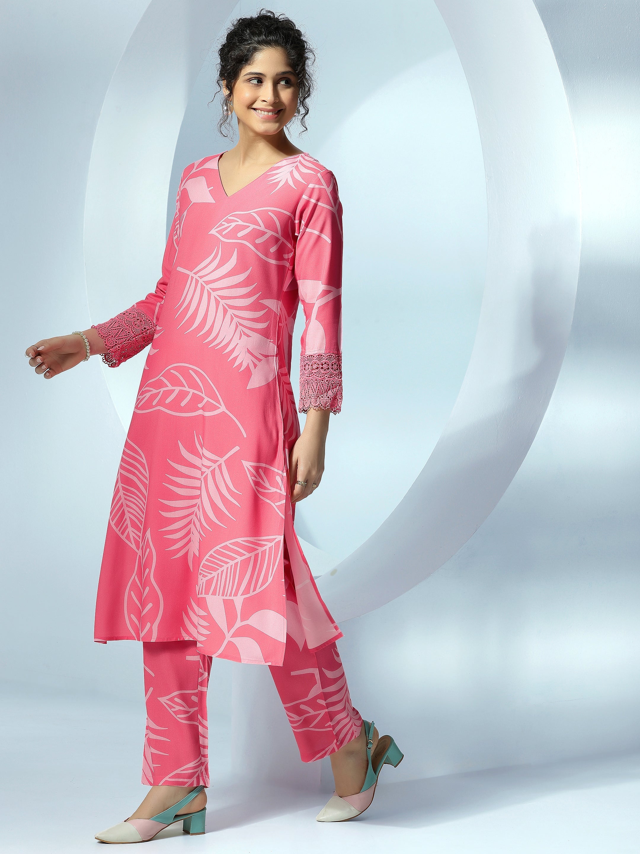 Pink Printed Silk Blend Co-Ords