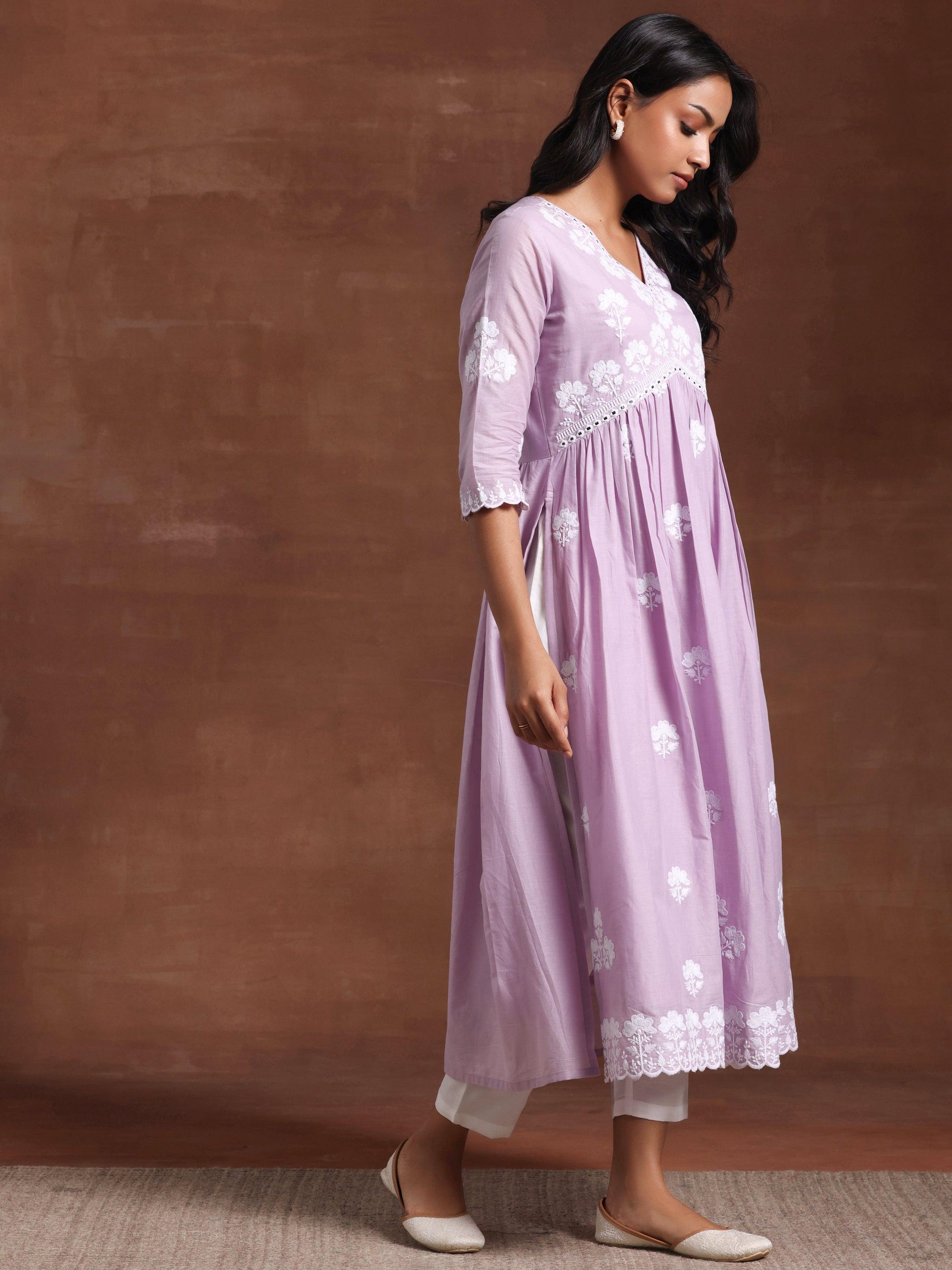 Lavender Embroidered Cotton A-Line Kurta