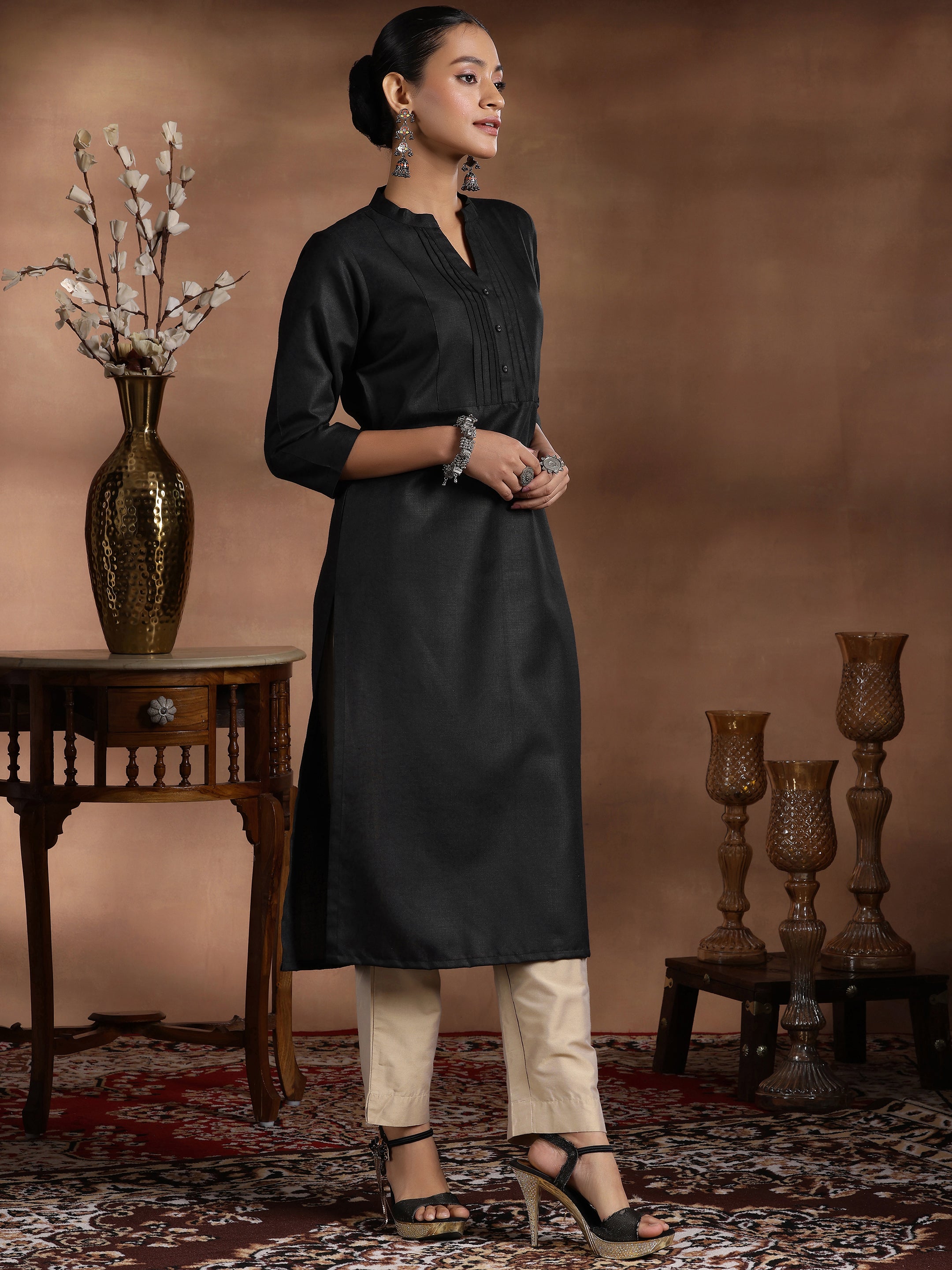 Black Solid Silk Straight Kurta