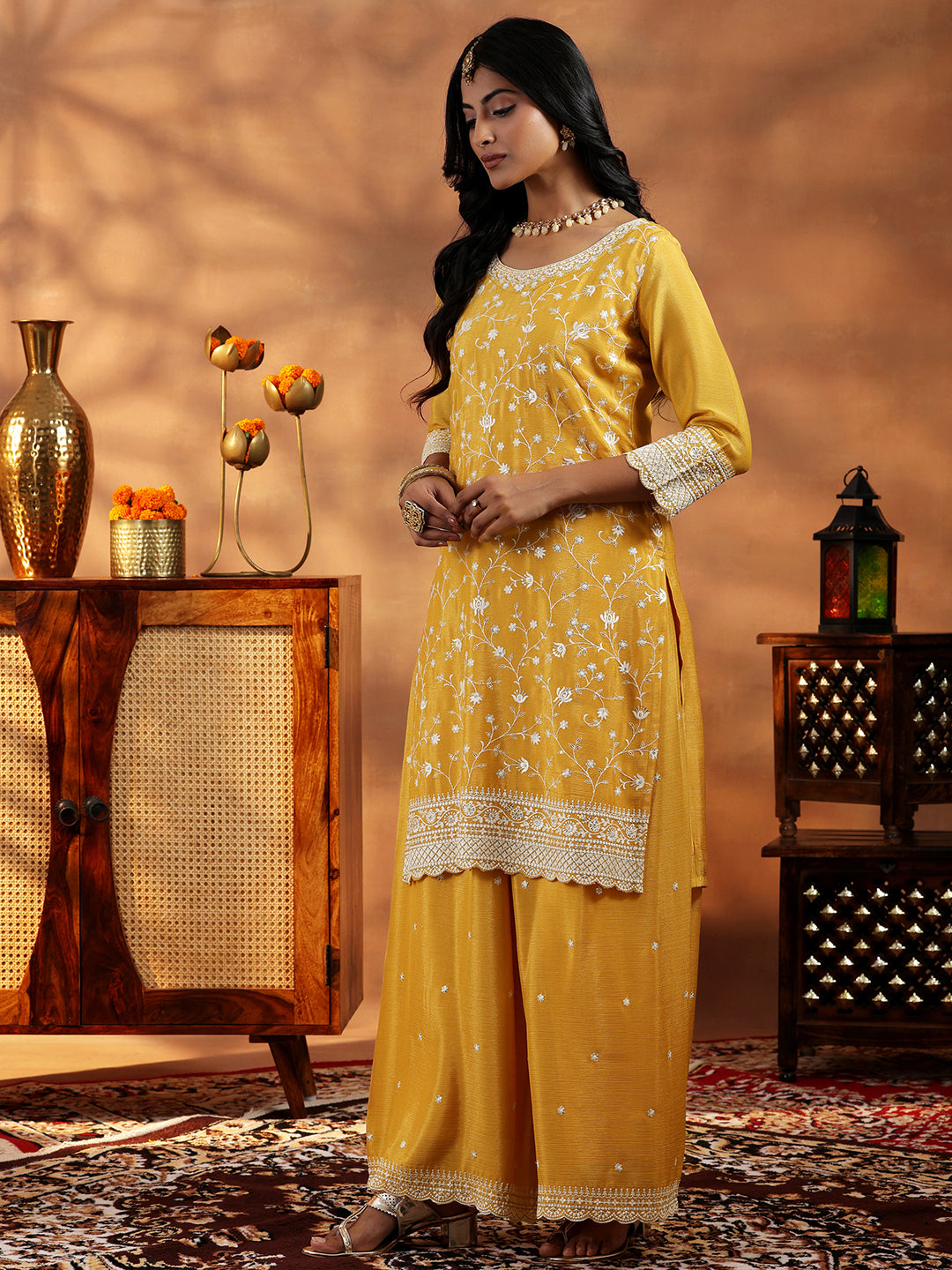 Mustard Embroidered Silk Blend Straight Suit With Dupatta