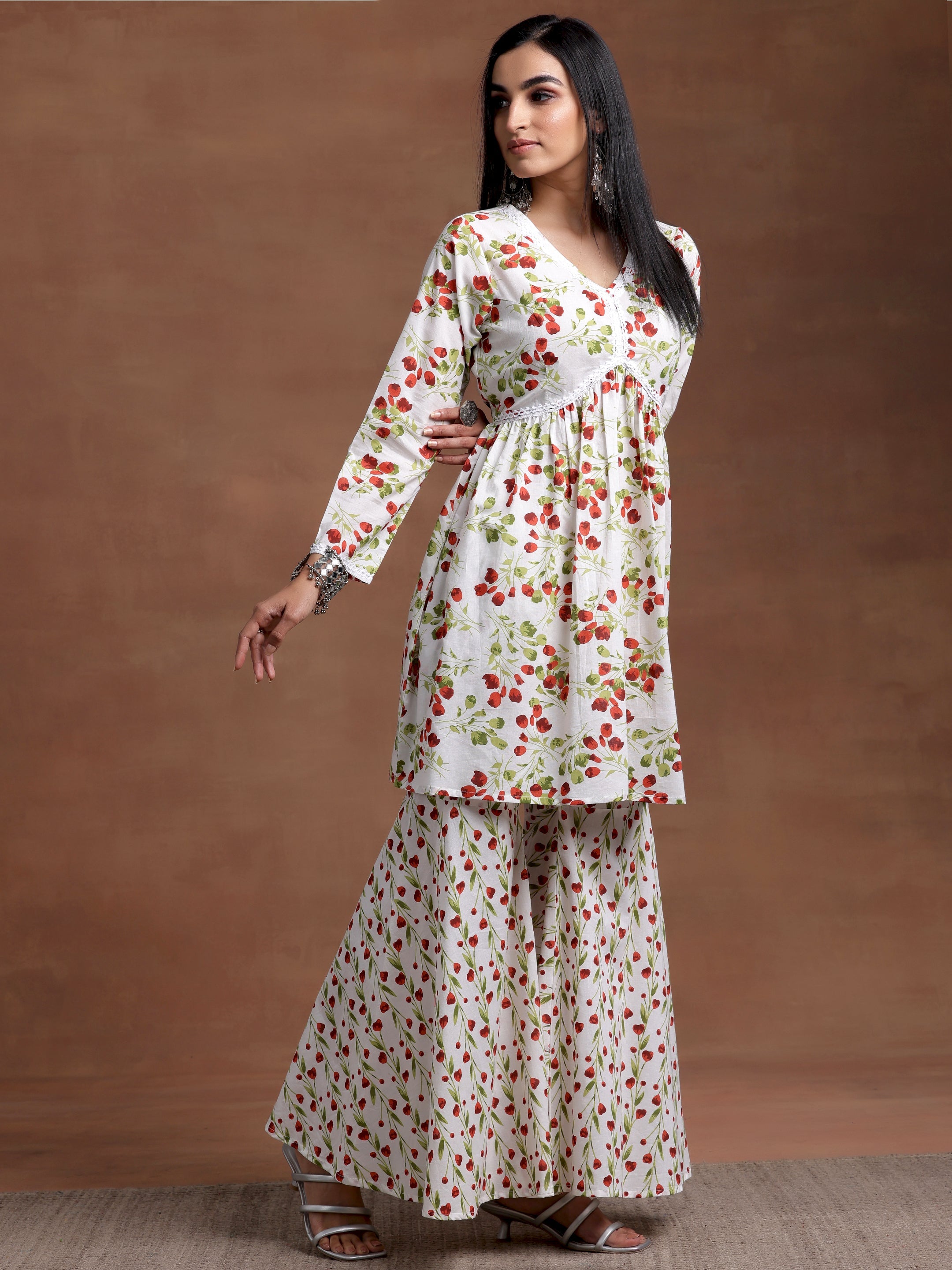 Off White Printed Cotton A-Line Kurta With Sharara & Dupatta