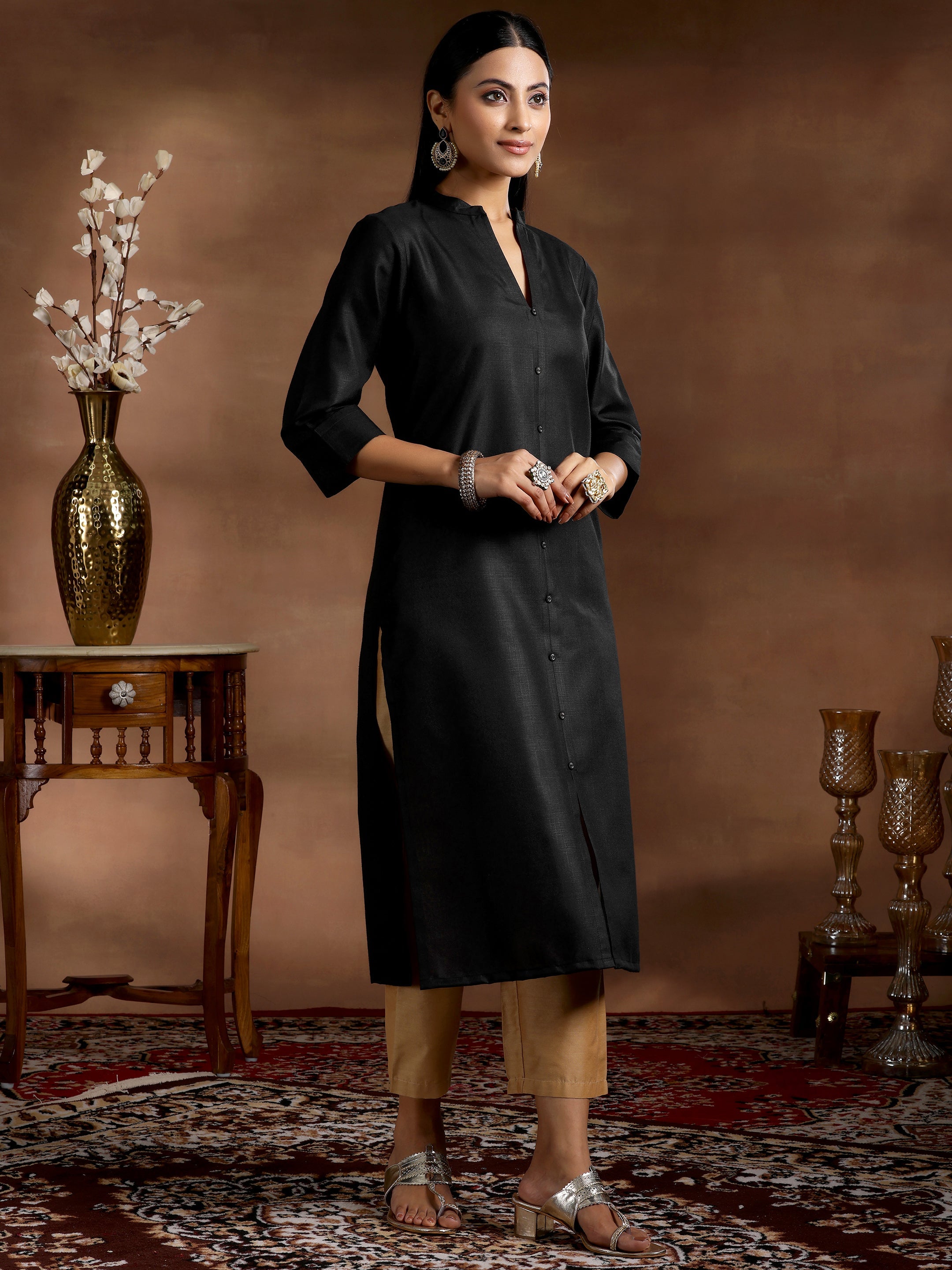 Black Solid Silk Straight Kurta