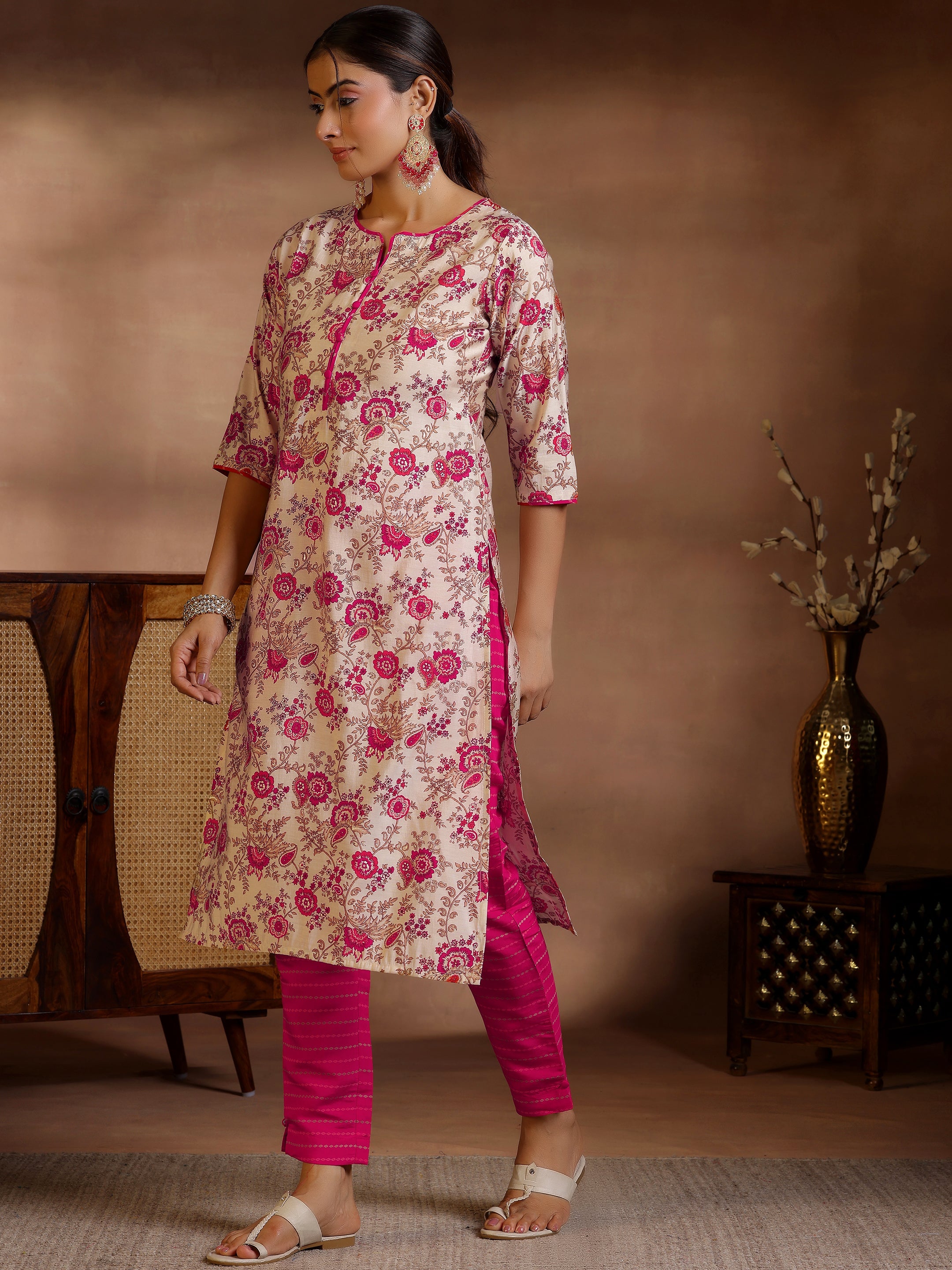 Pink Printed Silk Blend Straight Suits With Dupatta