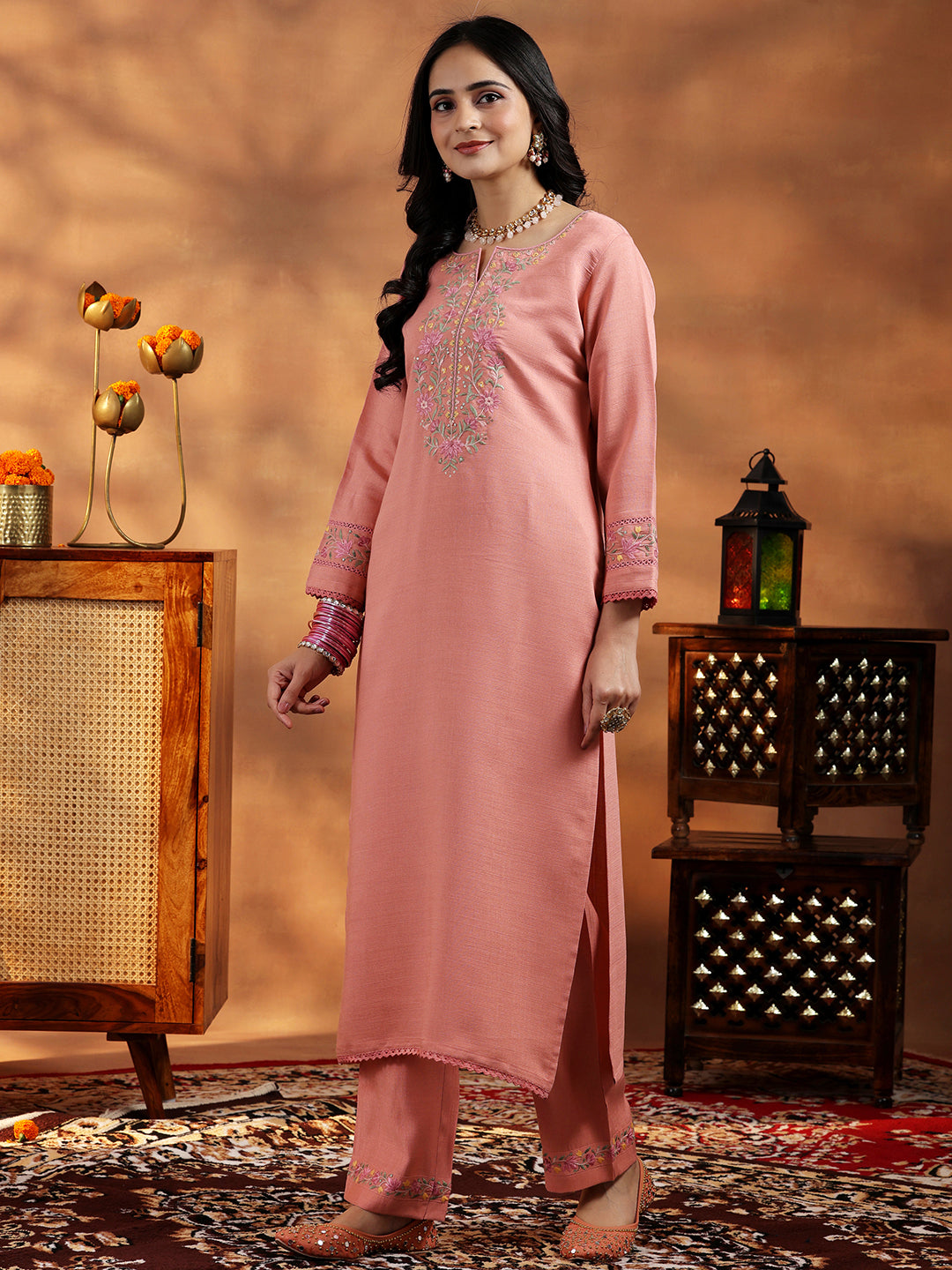 Peach Yoke Design Silk Blend Straight Suit With Dupatta