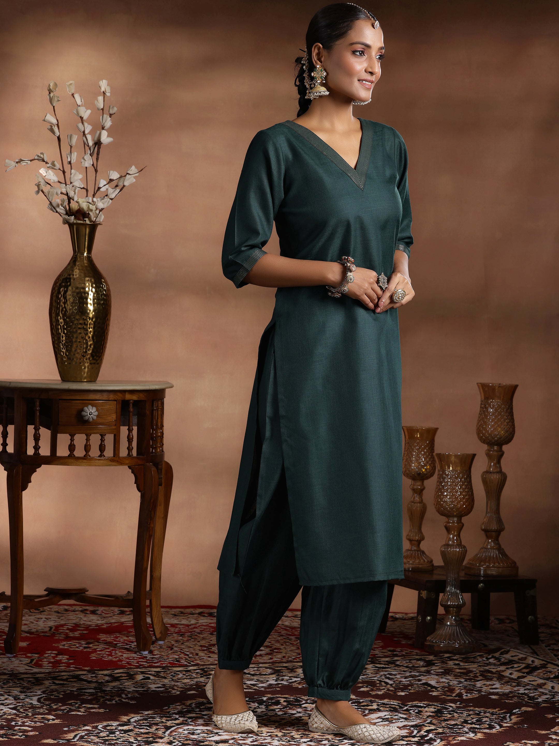 Green Solid Silk Blend Straight Suit With Dupatta