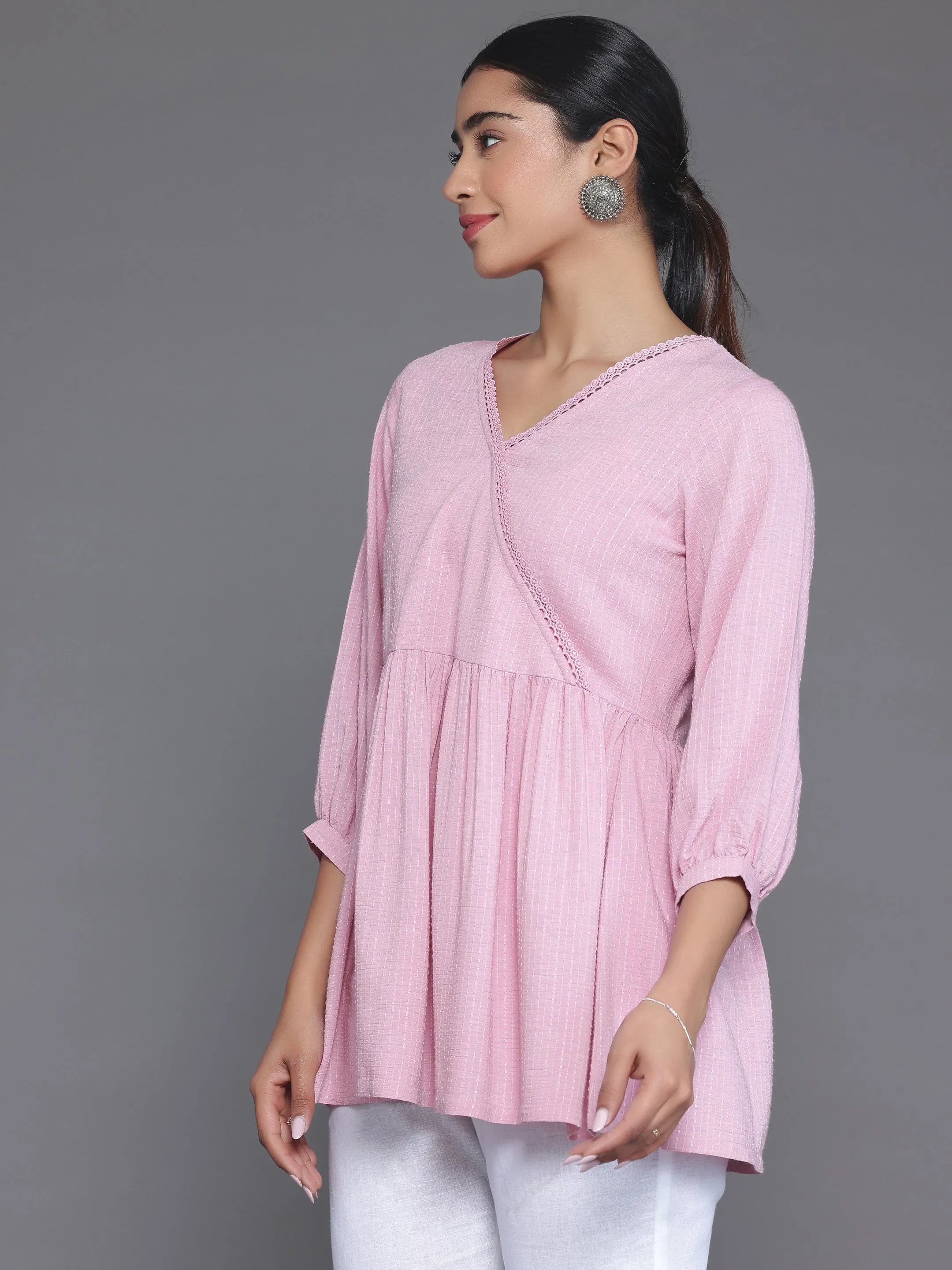 Pink Woven Design Cotton Blend A-Line Kurti