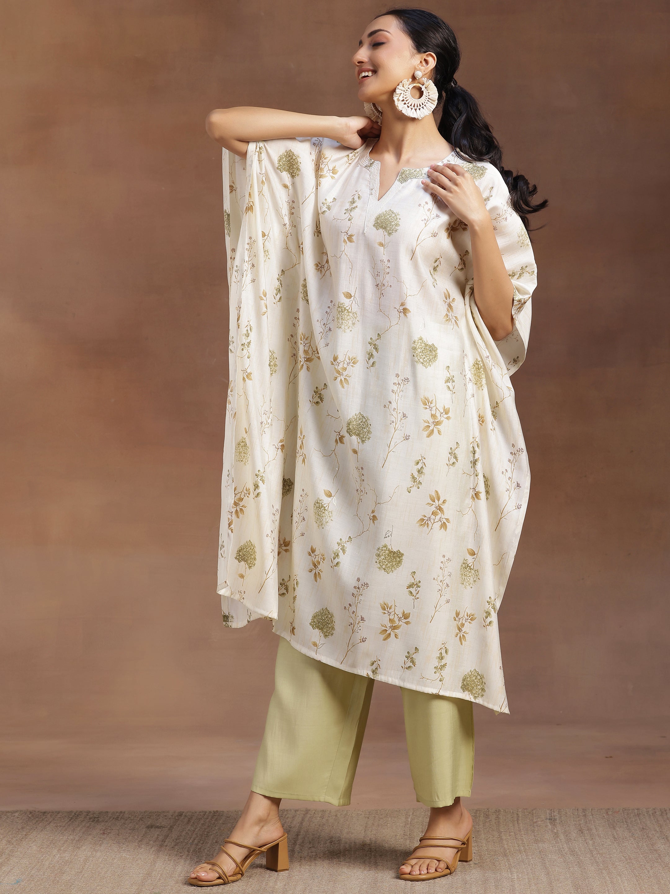 Cream Printed Silk Blend Co-Ords