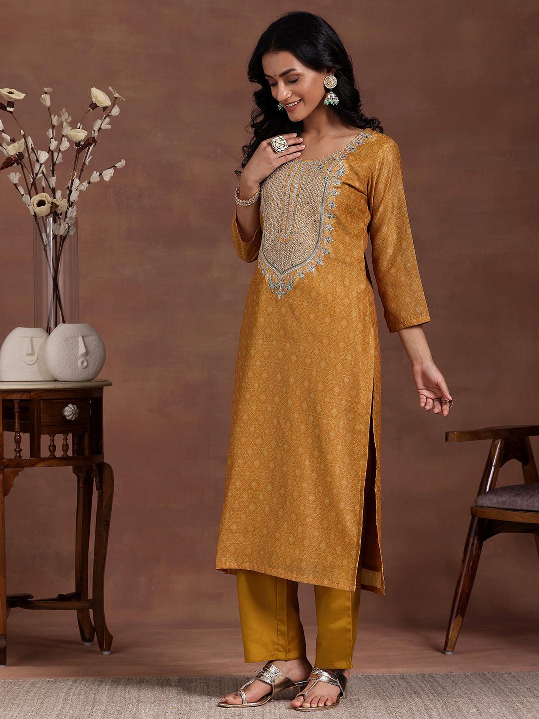 Mustard Printed Silk Blend Straight Suit With Dupatta