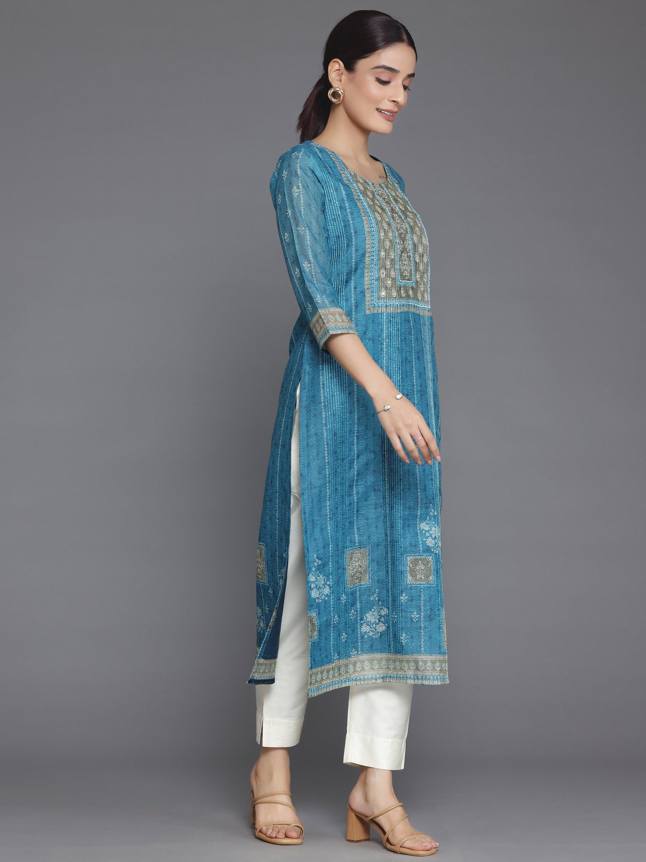 Blue Embellished Chanderi Silk Straight Kurta