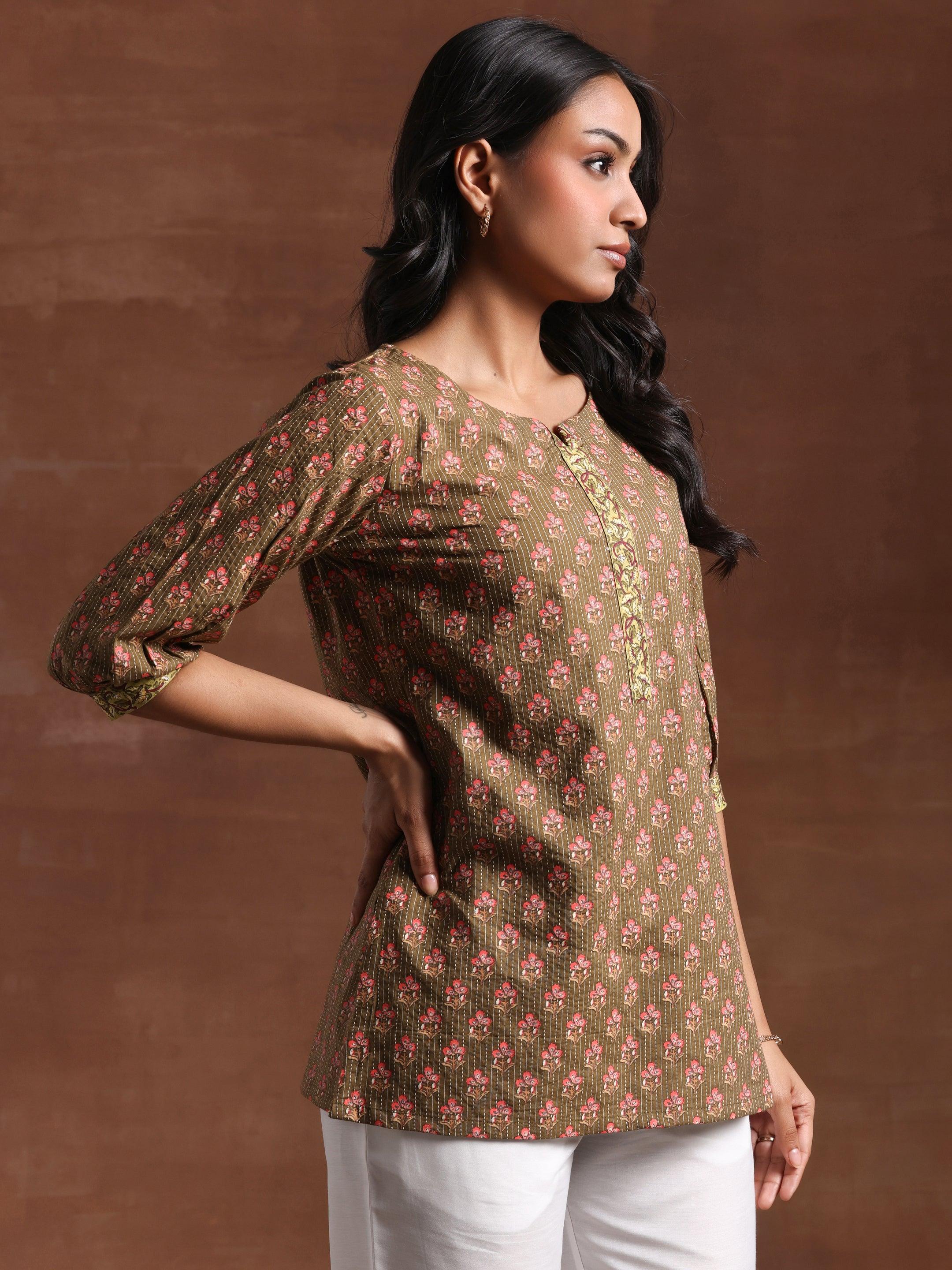 Olive Printed Cotton Straight Kurti