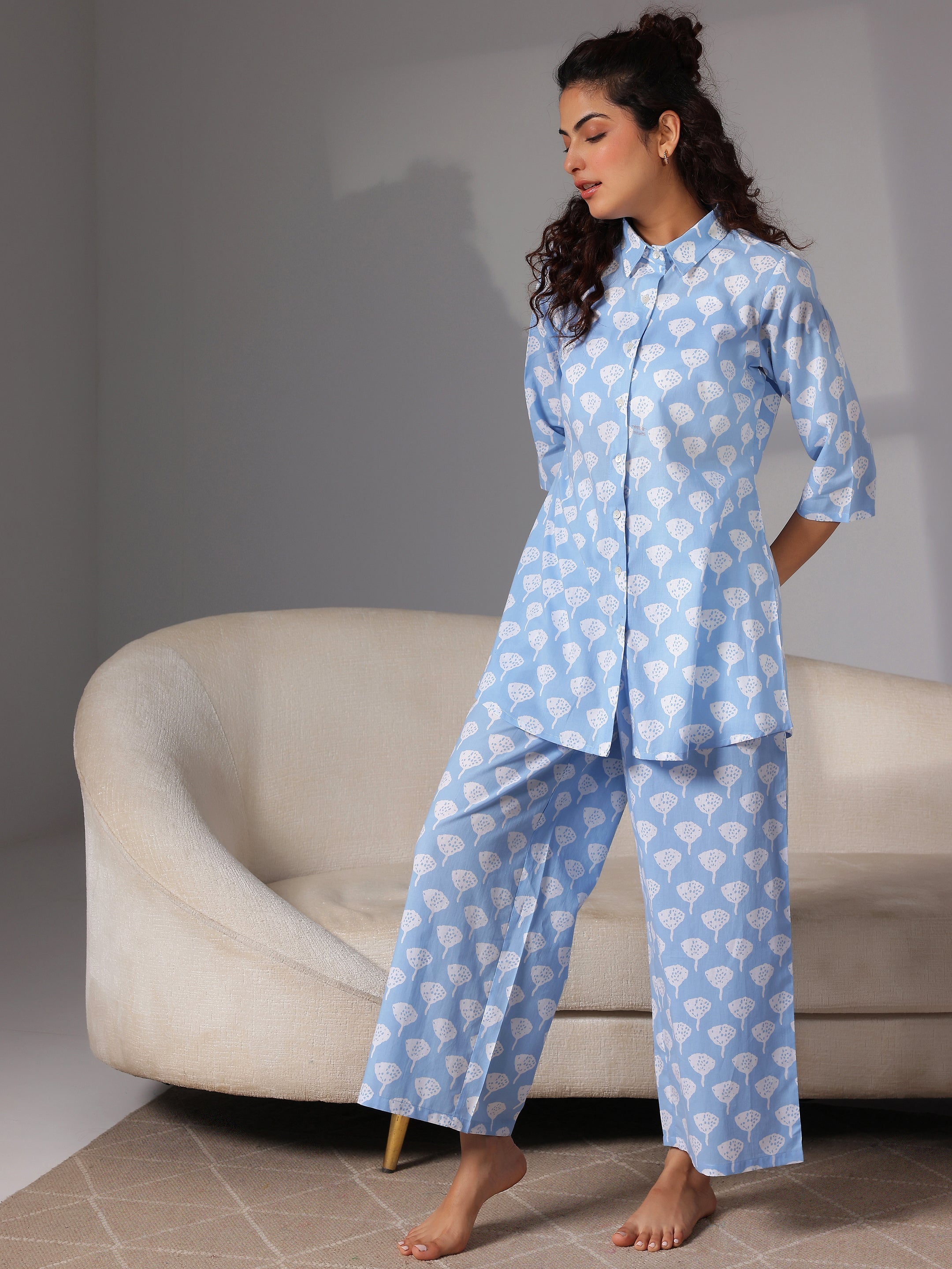 Blue Printed Cotton Night Suits