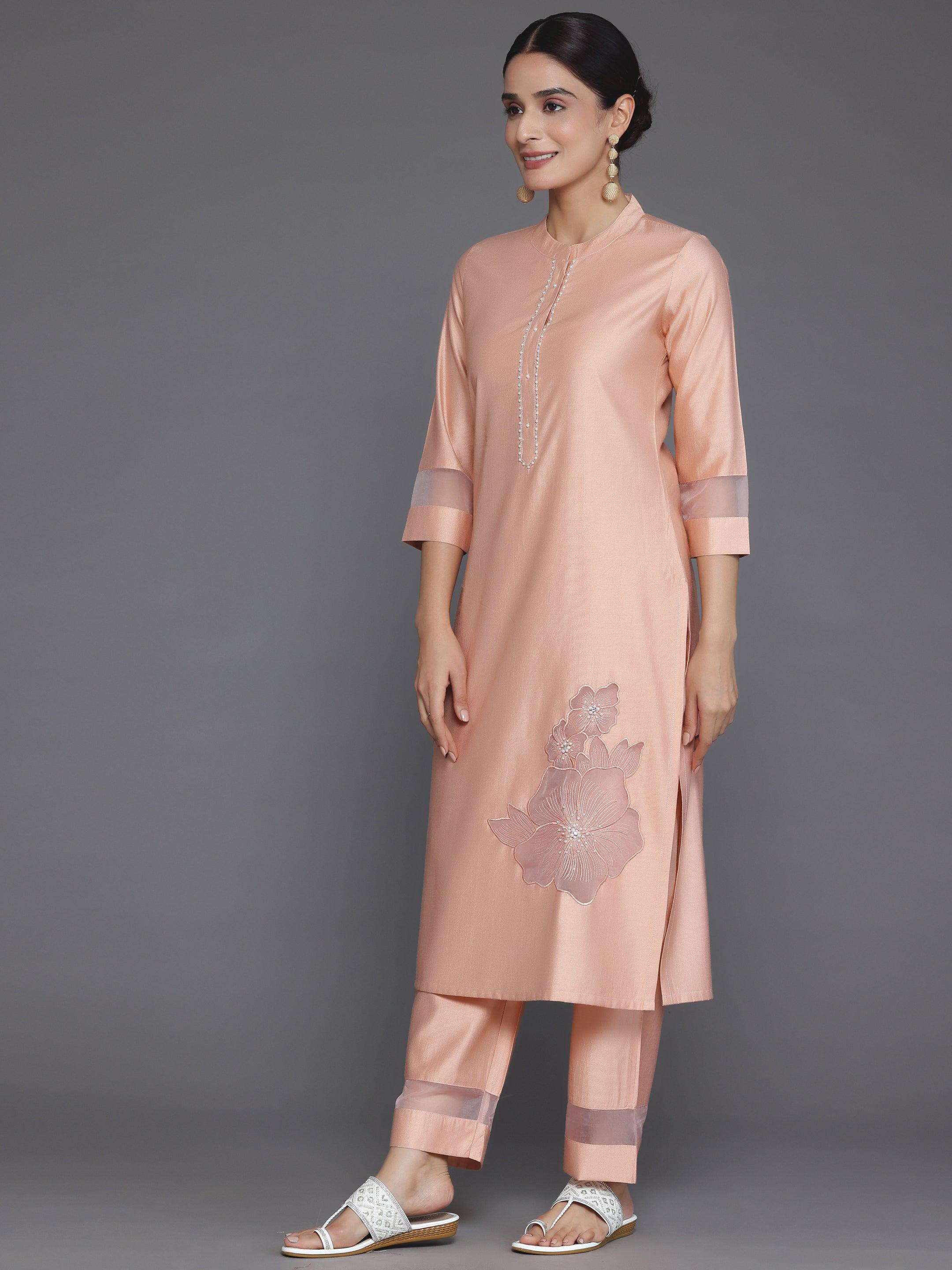 Peach Solid Silk Blend Straight Suit With Dupatta