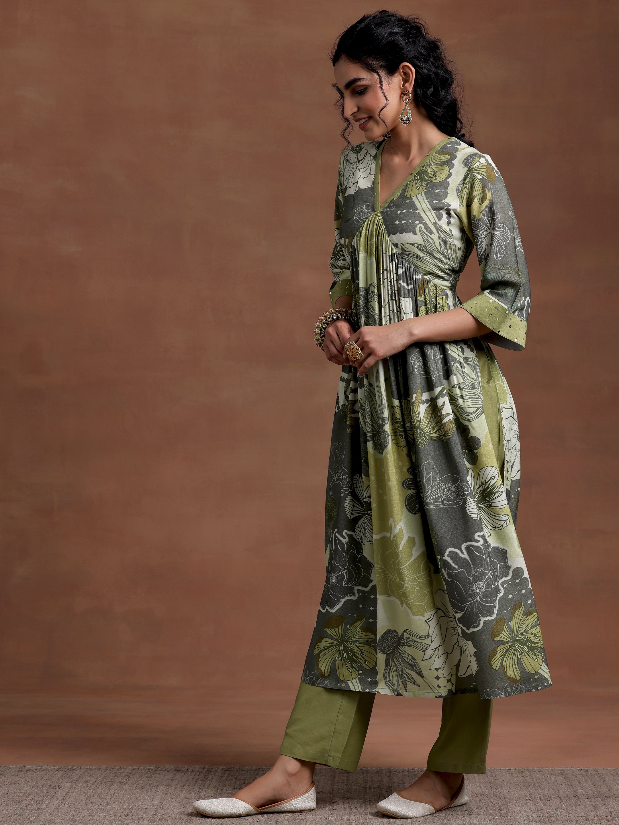 Green Printed Rayon A-Line Kurta With Trousers