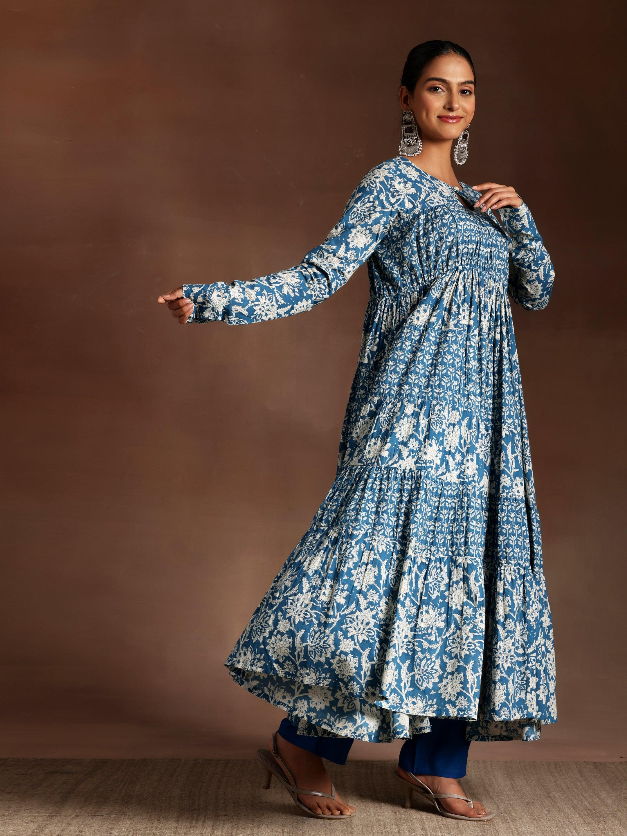 Blue Printed Cotton A-Line Kurta With Trousers & Dupatta