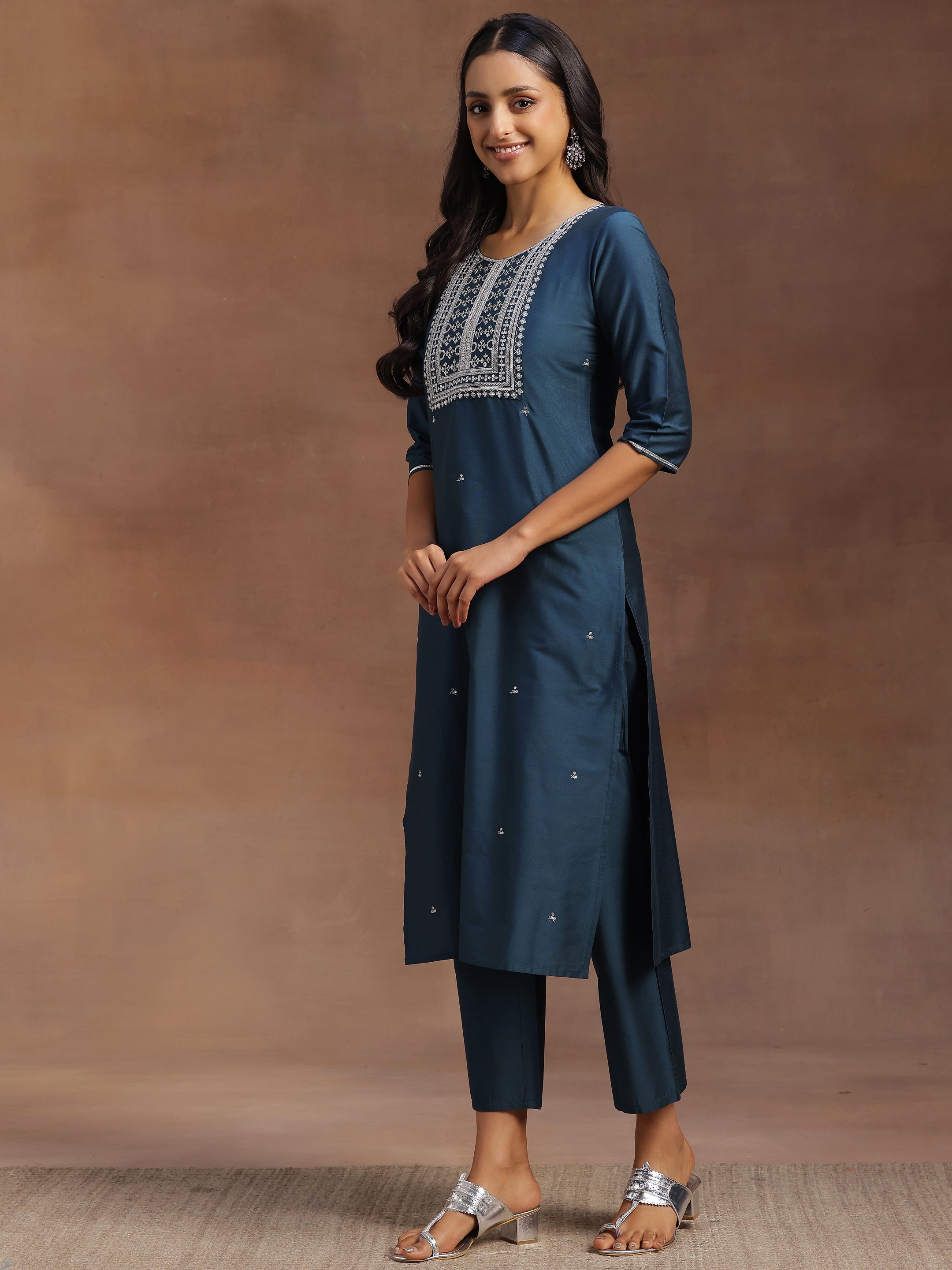 Blue Yoke Design Silk Blend Straight Suit With Dupatta