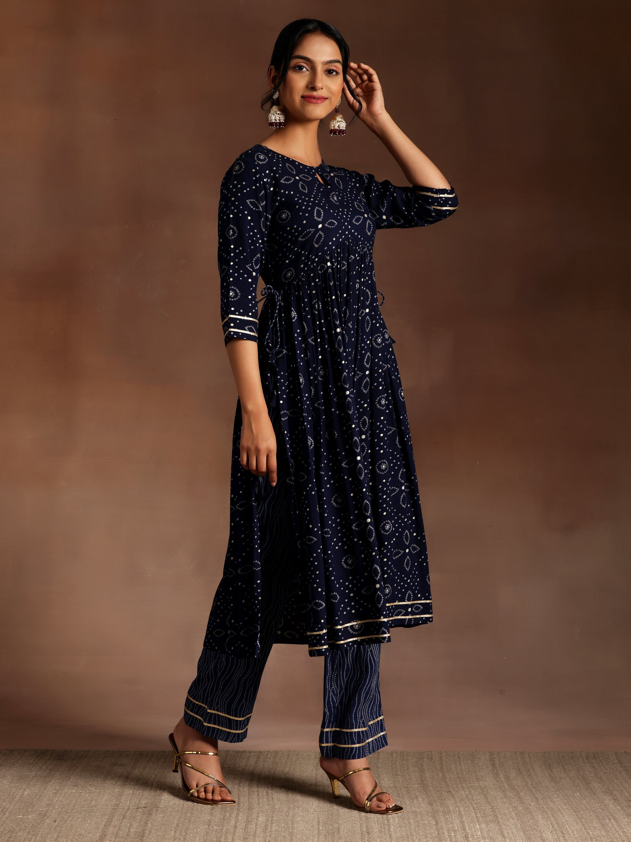 Blue Printed Rayon A-Line Kurta With Palazzos & Dupatta