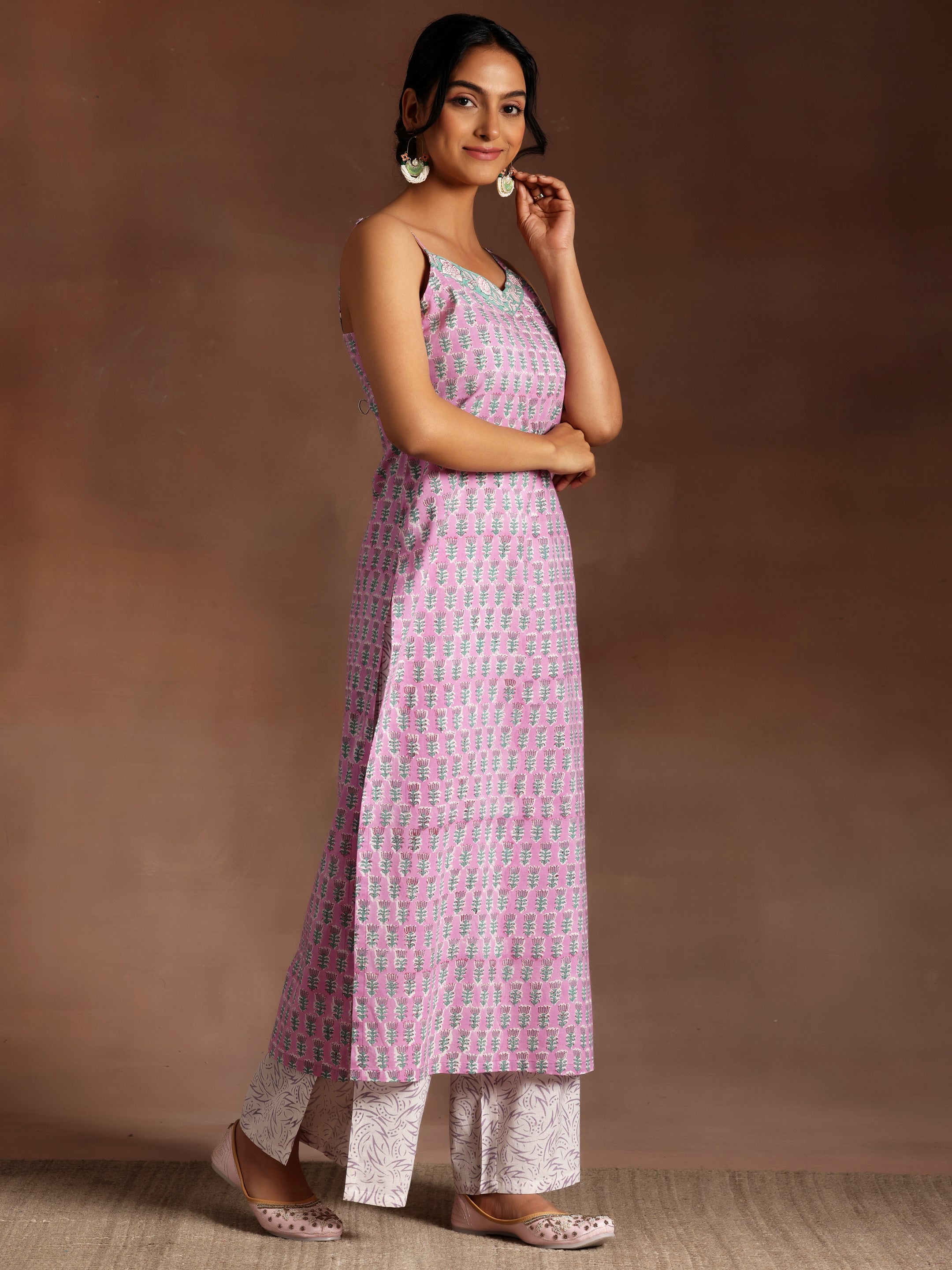 Pink Printed Cotton Straight Suit With Dupatta