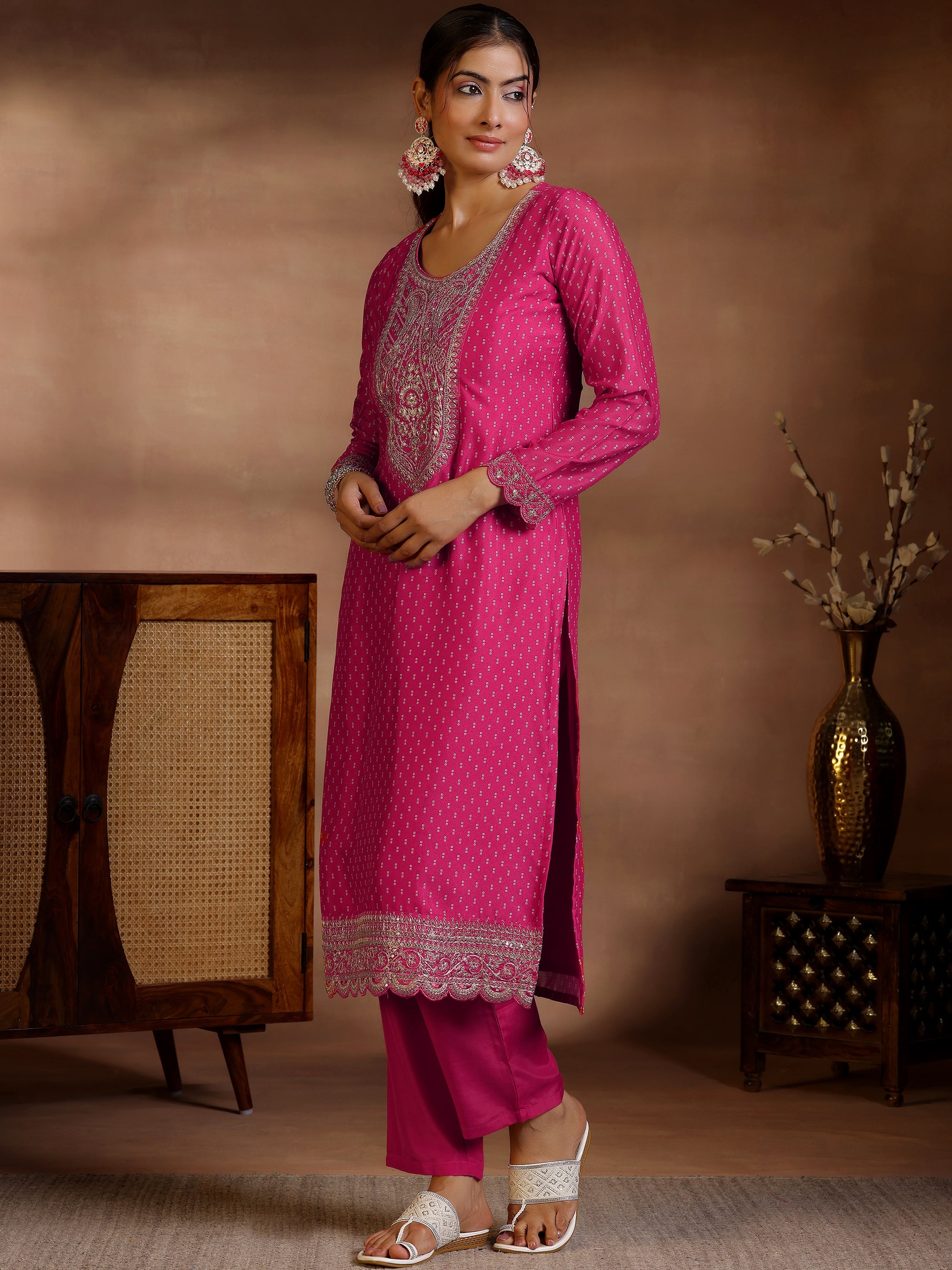 Pink Printed Silk Blend Straight Suit With Dupatta