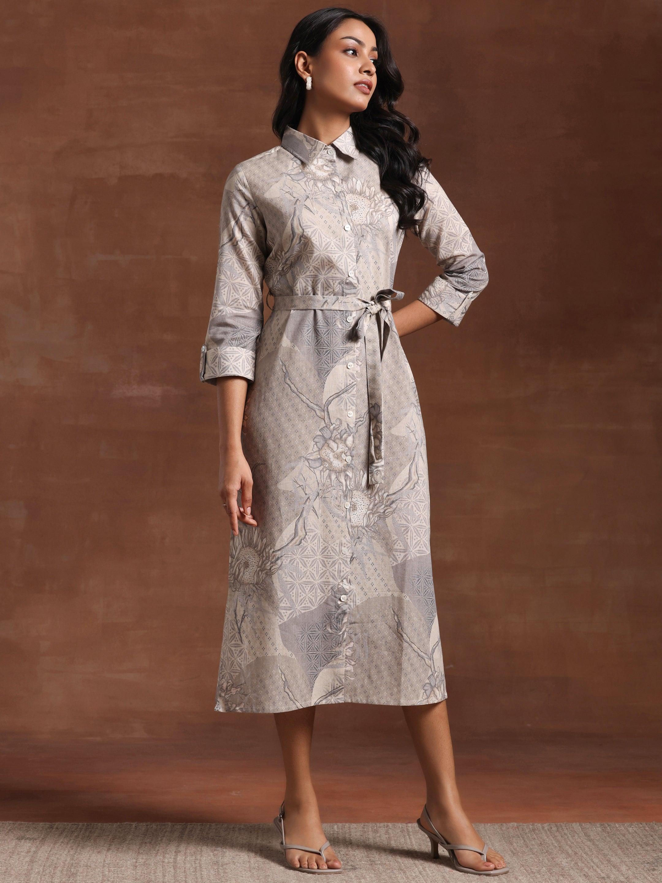 Off White Printed Linen Shirt Dress