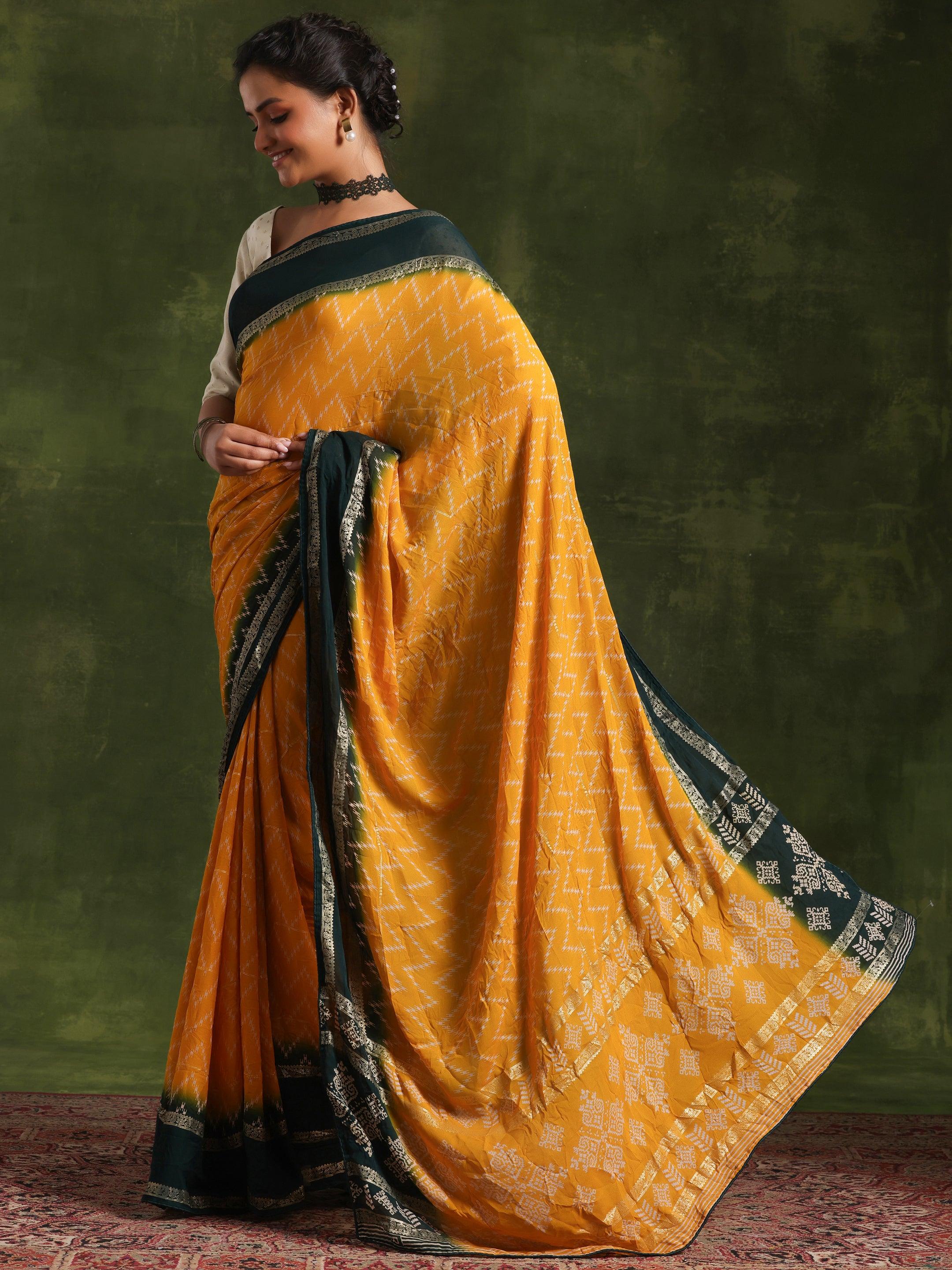 Mustard Printed Poly Georgette Saree With Unstitched Blouse Piece